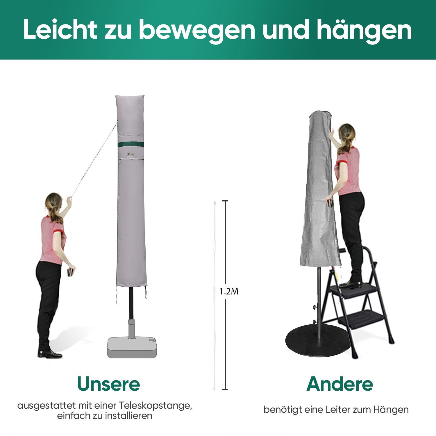 Sekey Sonnenschirm-Schutzhülle Schutzhülle Sonnenschirm Abdeckhaube Plane Ampelschirm L XL XXL XXXL, 160 x 62 cm für 460 x 270 cm Doppelsonnenschirm – Bild 4 von 5