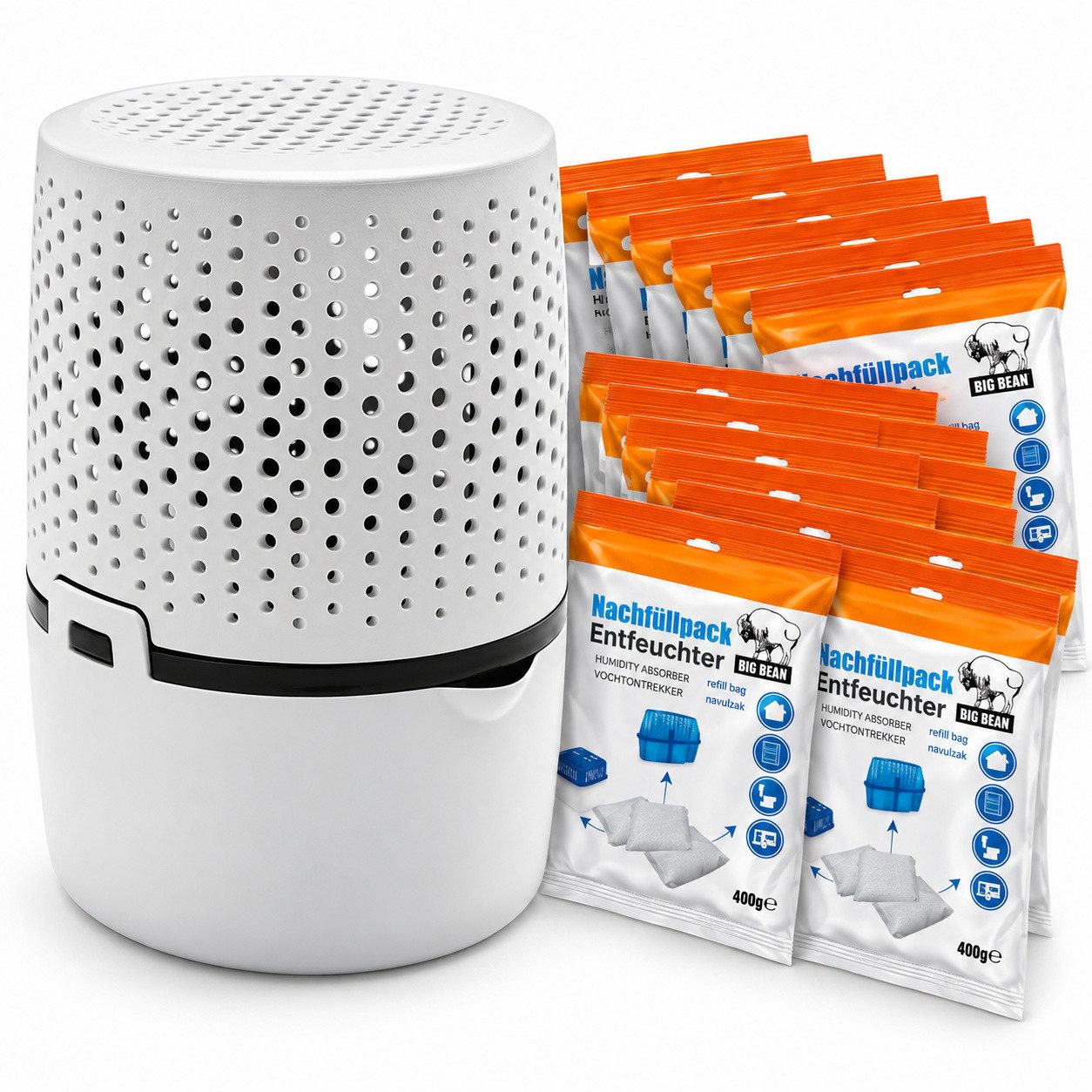 BigDean Luftentfeuchter + Nachfüllpacks 400g Entfeuchter Granulat Raumentfeuchter, Luftentfeuchter weiß ohne Strom plus 12 x 400 Gramm Granulat