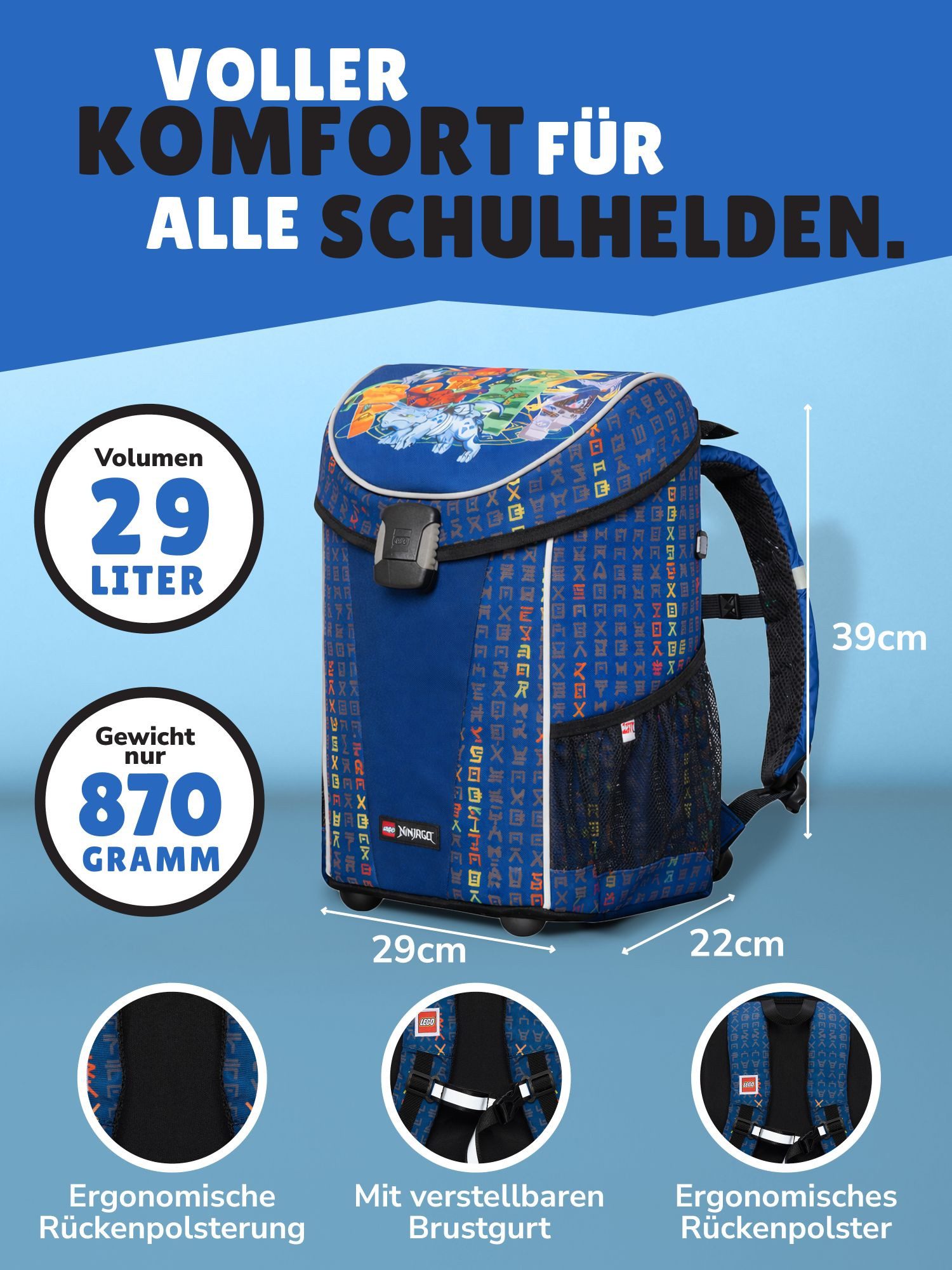 LEGO® Bags Schulranzen Easy Light Lego Ninjago Schultasche Blau ab der 1. Klasse (Set, 3-tlg., inkl. Federmäppchen und Turnbeutel), mit Brustgurt, 870 Gramm leicht, 29L Volumen