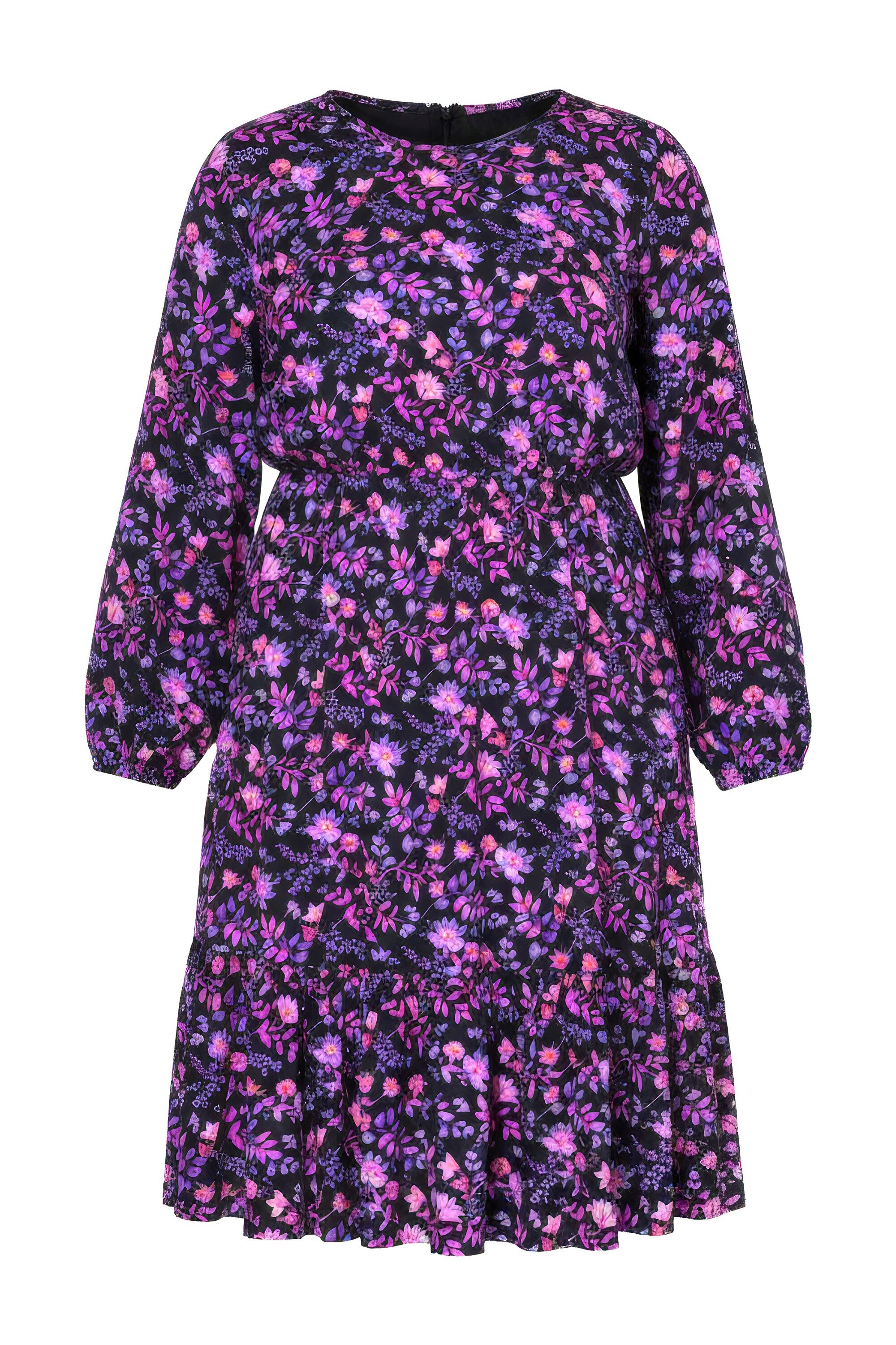 Midikleid Midikleid A-Linie Blumenmuster Langarm Volant