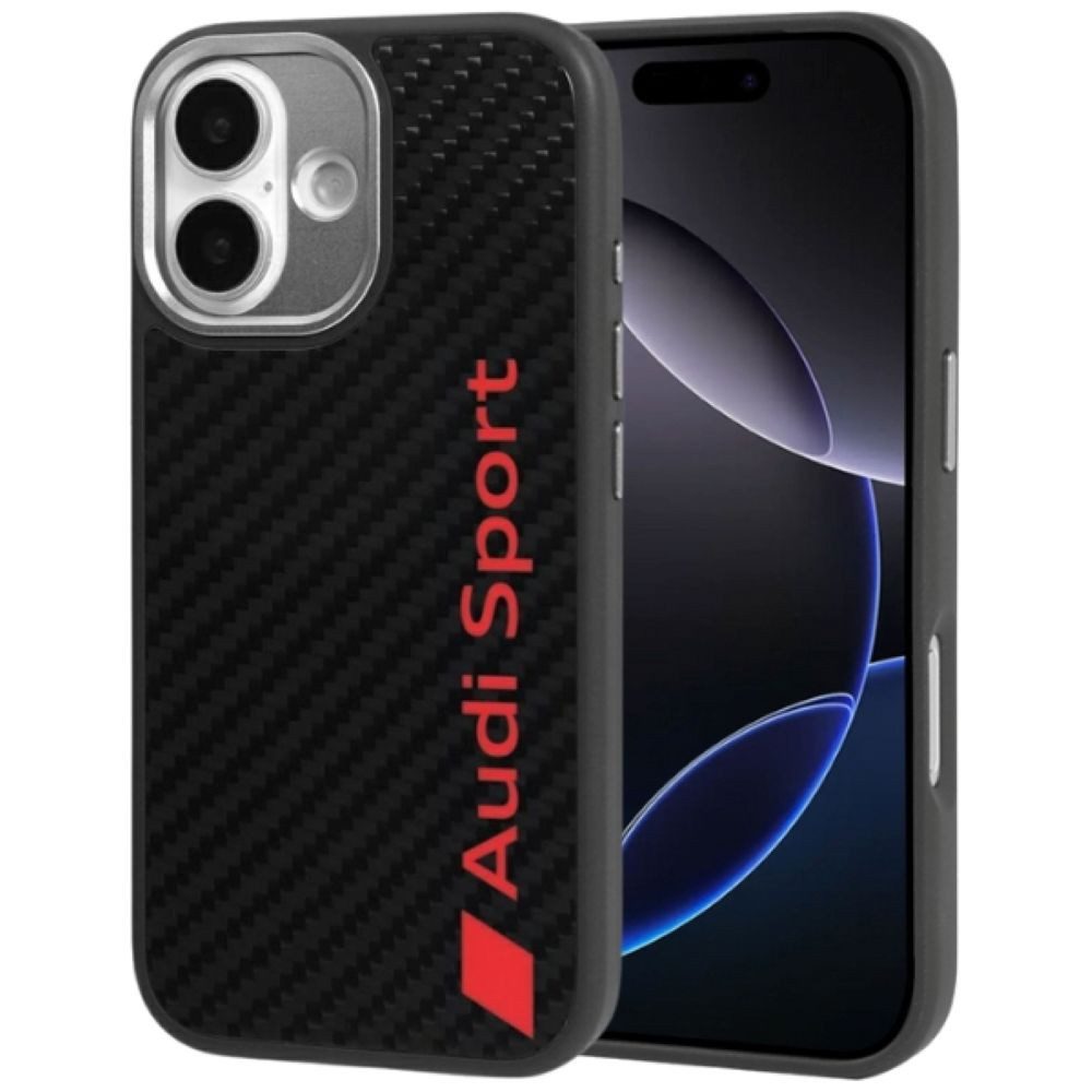 Audi Handyhülle iPhone 17 Carbonfaser R8 MagSafe schwarz rot Logo 6,3 Zoll, Kantenschutz