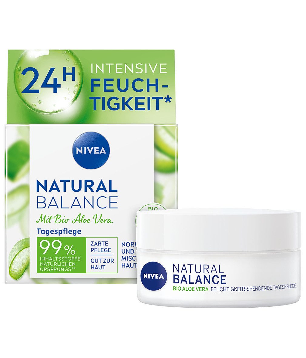 Nivea Tagescreme Natural Balance feuchtigkeitsspendend 24h Feuchtigkeit 2 x 50ml, 2-tlg., Aloe Vera, Jojobaöl, Mandelöl