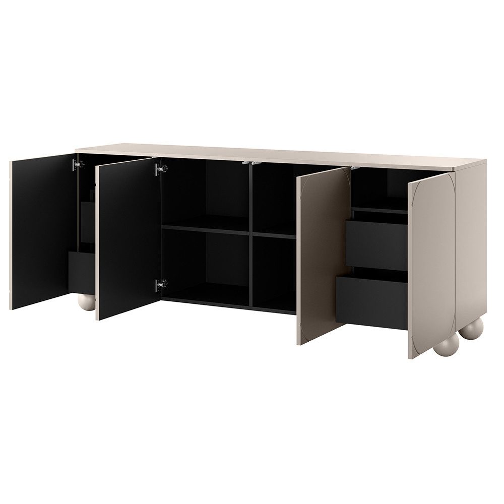 Lomadox Sideboard SPLIT-141, kaschmir beige matt 200 cm Kugelfüße grifflos Softclose Push-to-open