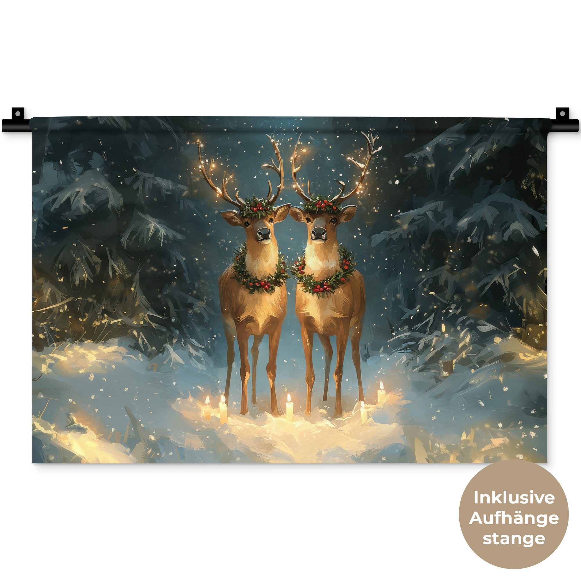 MuchoWow Wandteppich Kiefer-Märchen - Rentier - Nacht, Rechteckig, Höhe: 3 mm, Wandteppich für Wohnzimmer, Schlafzimmer, 60x40 cm