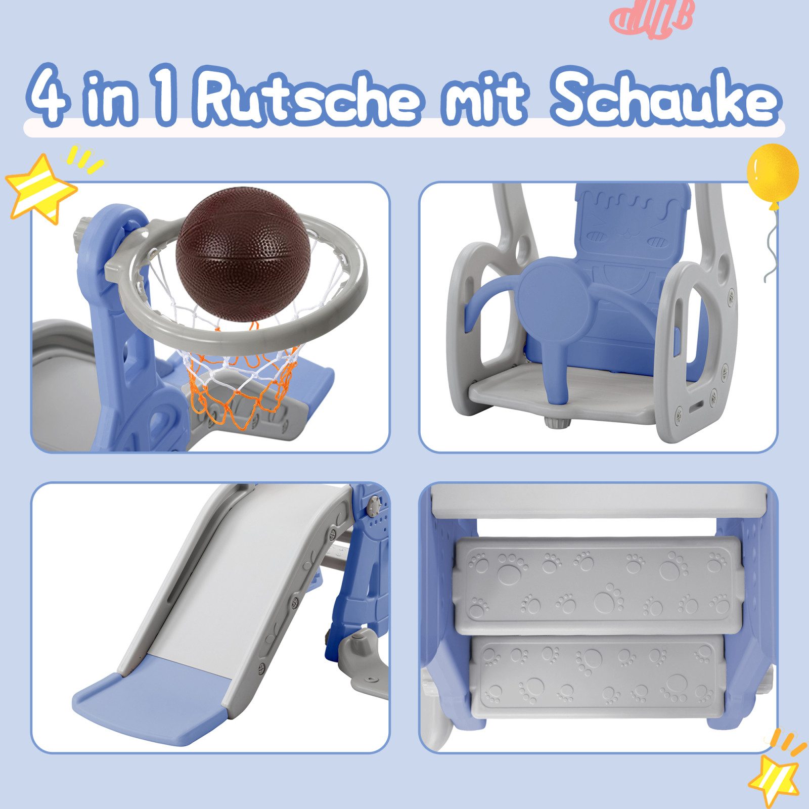 zebery Rutsche Kinderrutsche 4-in-1 Rutschen,Gartenrutsche mit Schaukel, Blau Kleinkinderrutsche,Kletterleitern,Schaukeln, Basketballkörbe – Bild 5 von 5