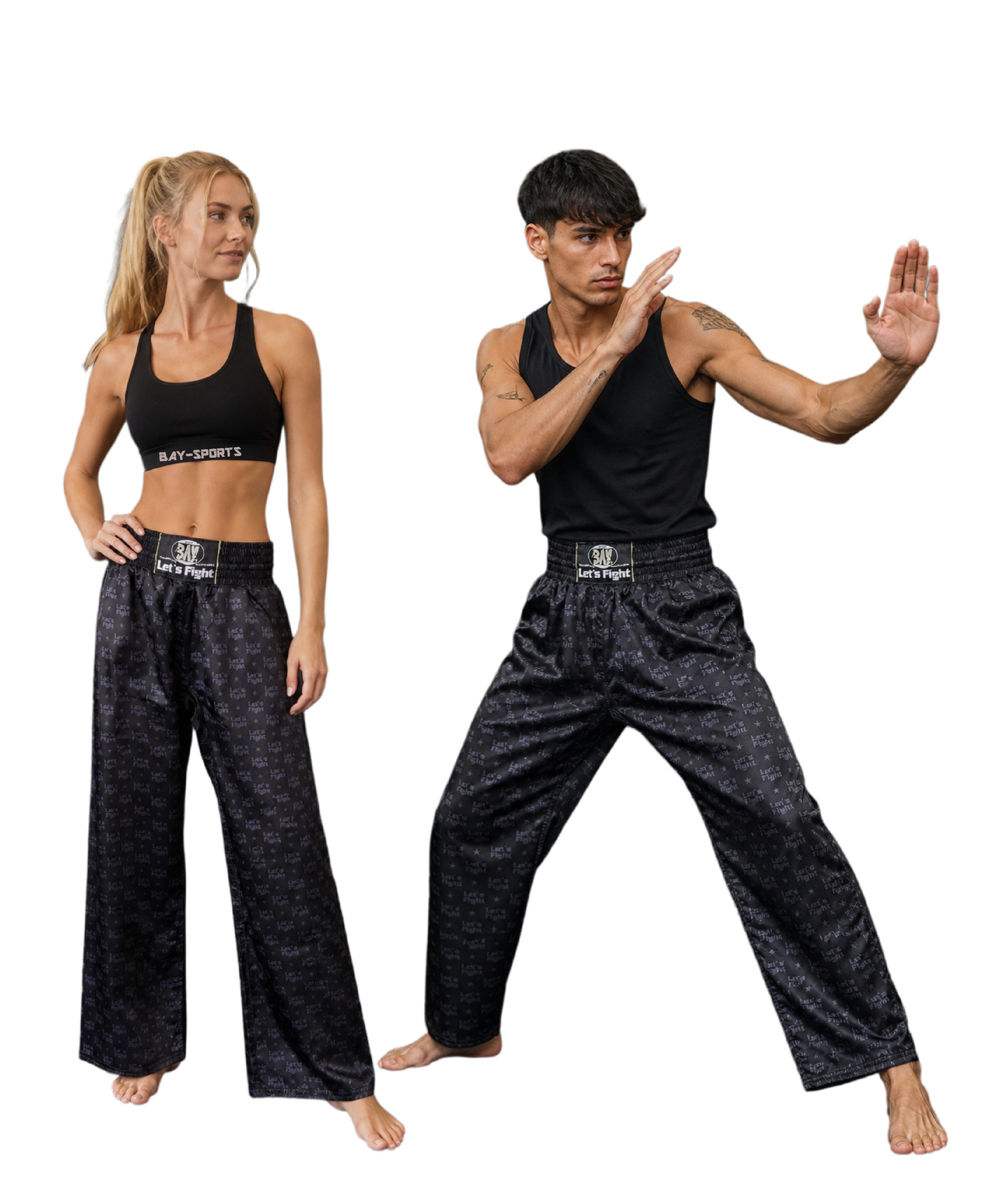 BAY-Sports Sporthose Kickboxhose ALL OVER LET´S FIGHT Hose lang Kickboxen Kampfsport sportlich-edles Design, All Over Let´s Fight Logo-Print