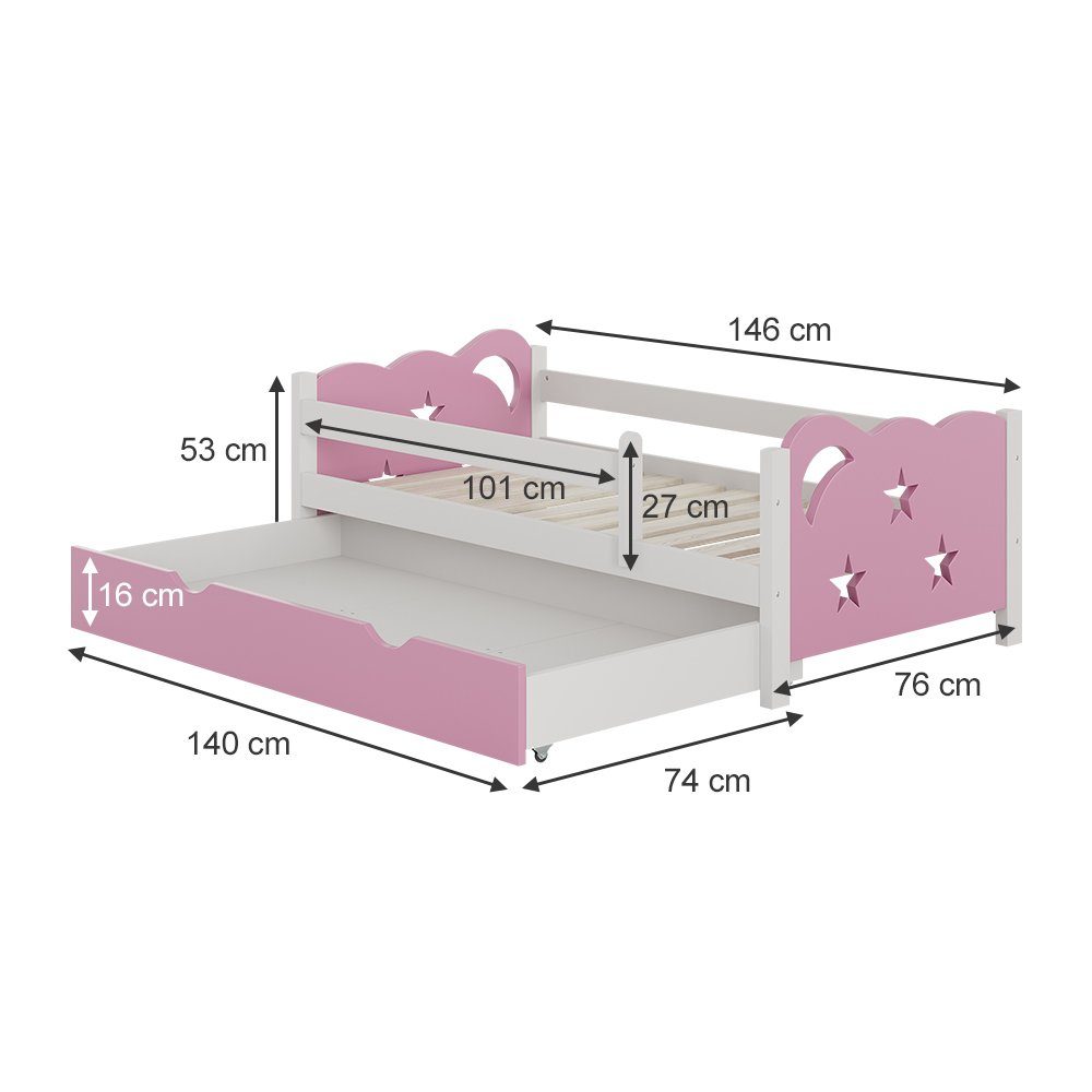 VitaliSpa® Kinderbett Jessica, Rosa/Weiß, 70x140 cm mit Schublade und Matratze (3-tlg)