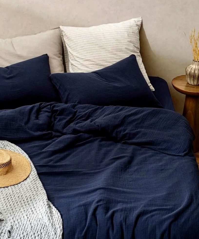 Sandiik Bettwäsche Musselin Bettwäsche in Nachtblau blau mit Reißverschluss, Biobaumwolle