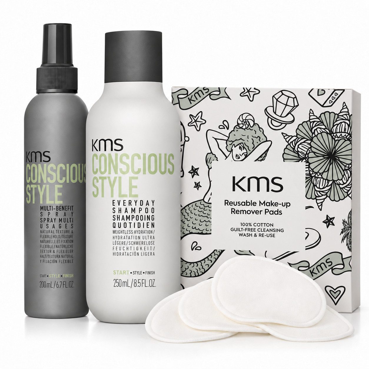 KMS Haarpflege-Set Conscious Style – Everyday Shampoo + Multi Spray + Make-up Pads, 3-tlg.