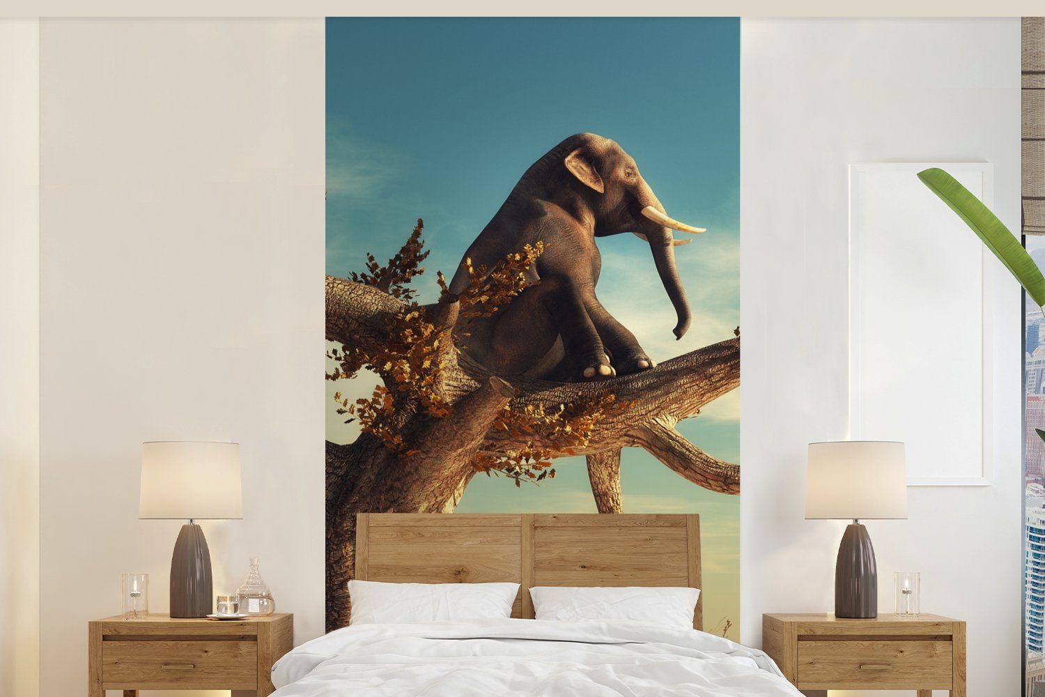 MuchoWow Fototapete Elefant - Baum - Natur - Wüste, Matt, bedruckt, (2 St), Vliestapete für Wohnzimmer Schlafzimmer Küche, Fototapete