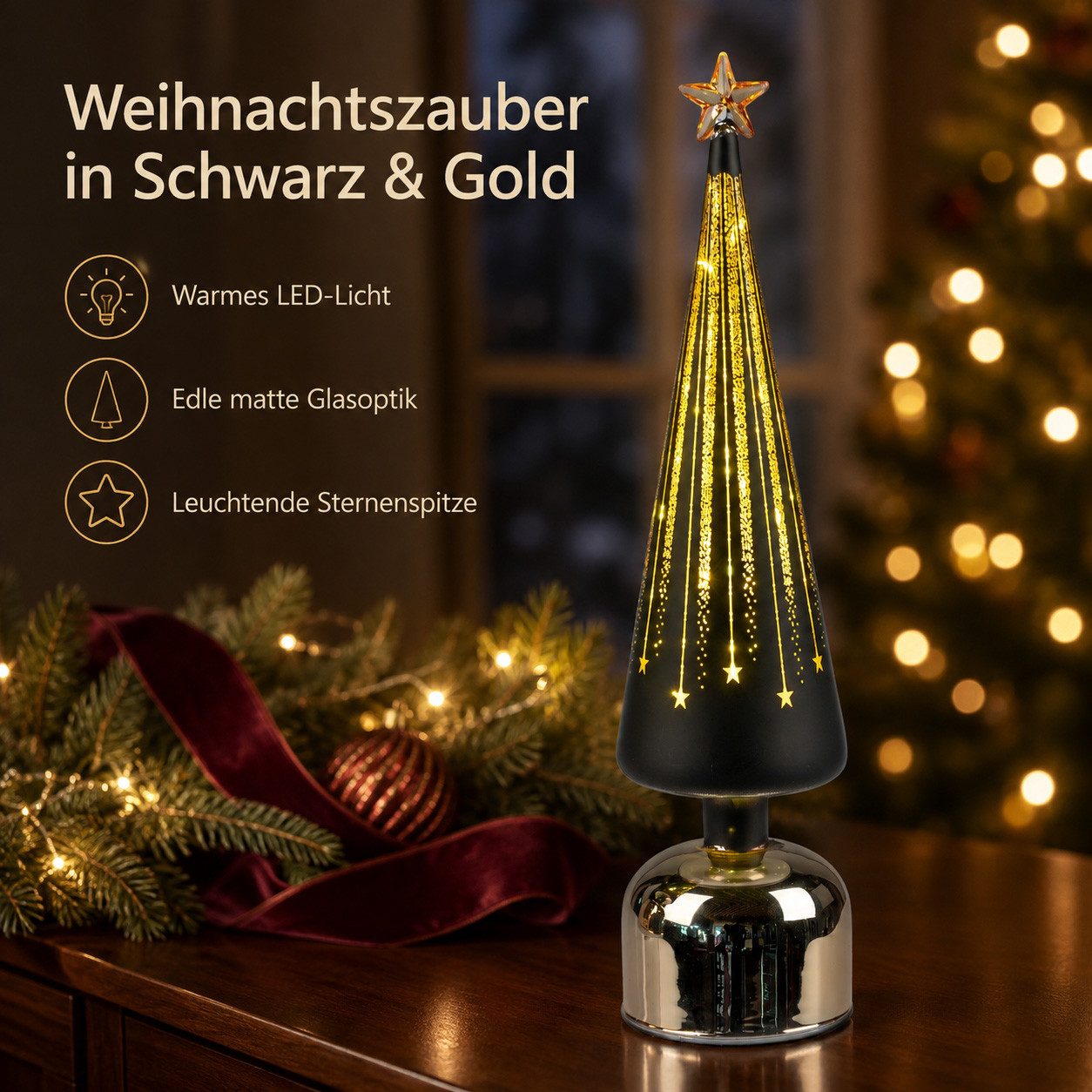 formano LED Dekolicht Weihnachtsbaum drehend Baum 38 cm schwarz-gold aus Farbglas mit Timer, LED fest integriert
