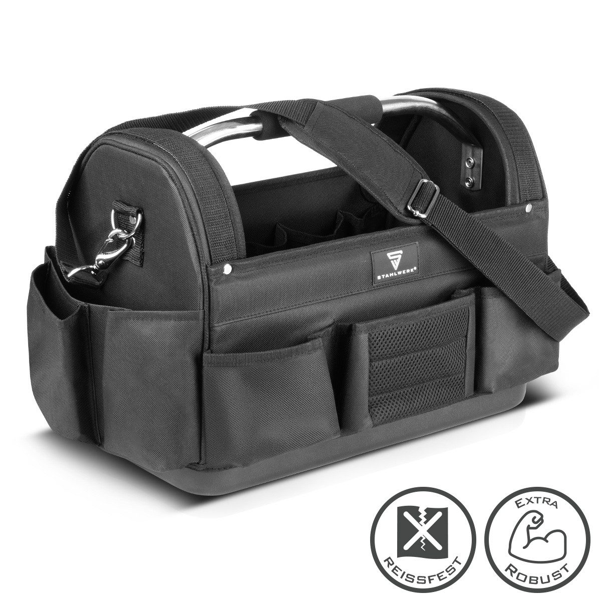 STAHLWERK Werkzeugtasche 11 Außen und 10 Innentaschen stabile XL-Montagetasche
