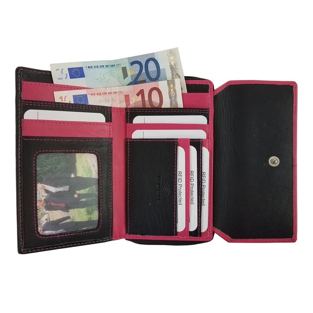 Geldbörse schwarz-pink groß HGL Reißverschluss 19805 Leder Damen Geldbörse Kartenfächer HGL