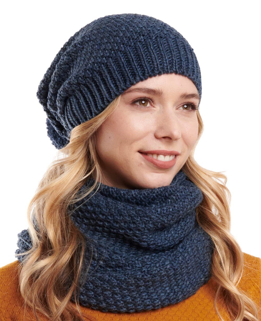 Hilltop Strickmütze Winter Kombi Set aus Winter Schal und passender Strickmütze mit Pompon Blau