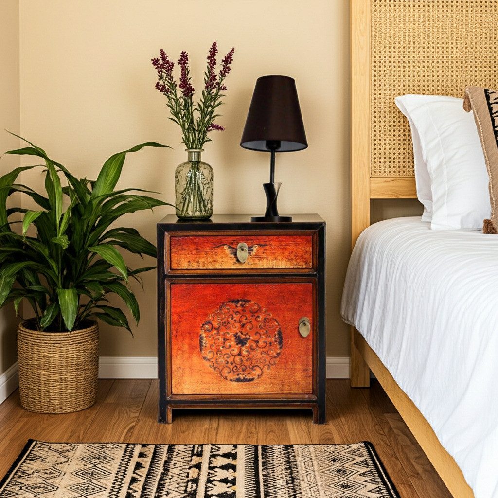 OPIUM OUTLET Nachtkommode Nachttisch Vintage-Stil (Möbel asiatisch orientalisch chinesisch shabby-chic, Breite x Tiefe x Höhe: 45 x 33 x 55 cm, Lieferung komplett montiert), Nachtschrank Schrank Kommode