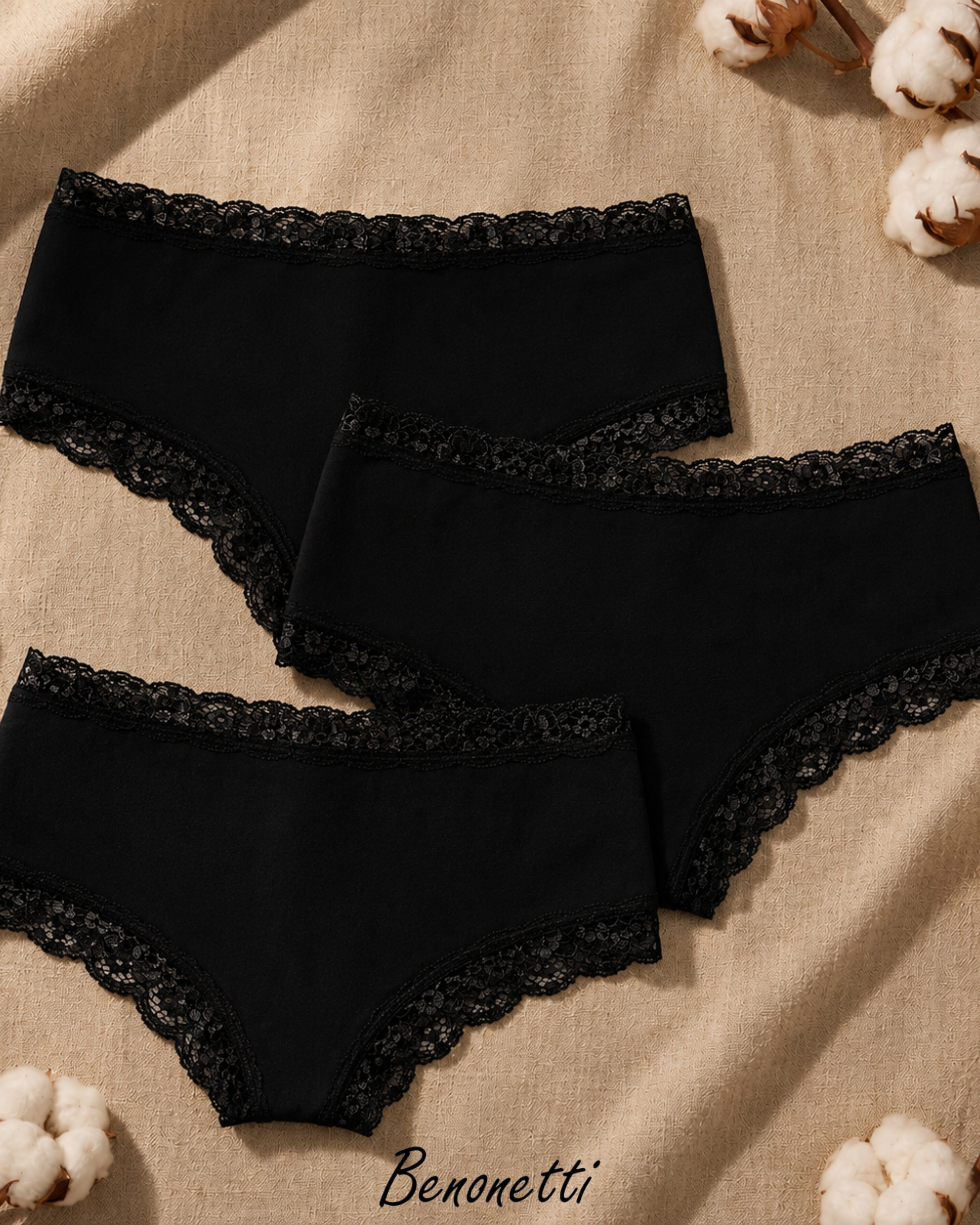 Benonetti Slip Brazilian Damen Slips mit zarter Spitze – sinnlich, weich & bequem (3er Pack, 3er Set) mit Spitze, Elastikbund, sehr bequemer Baumwollstoff