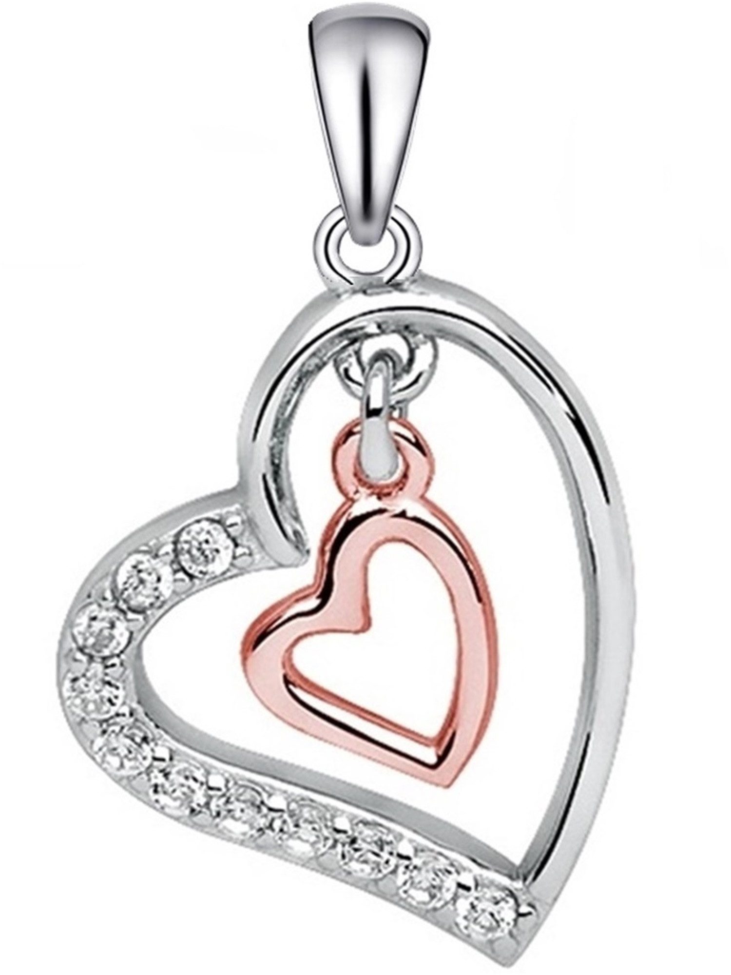 Goldene Hufeisen Herzanhänger Herz Anhänger aus 925 Silber mit Zirkonia Kristall Kettenanhänger (1 Stück, inkl. Geschenkbox), teilvergoldet Rosegold