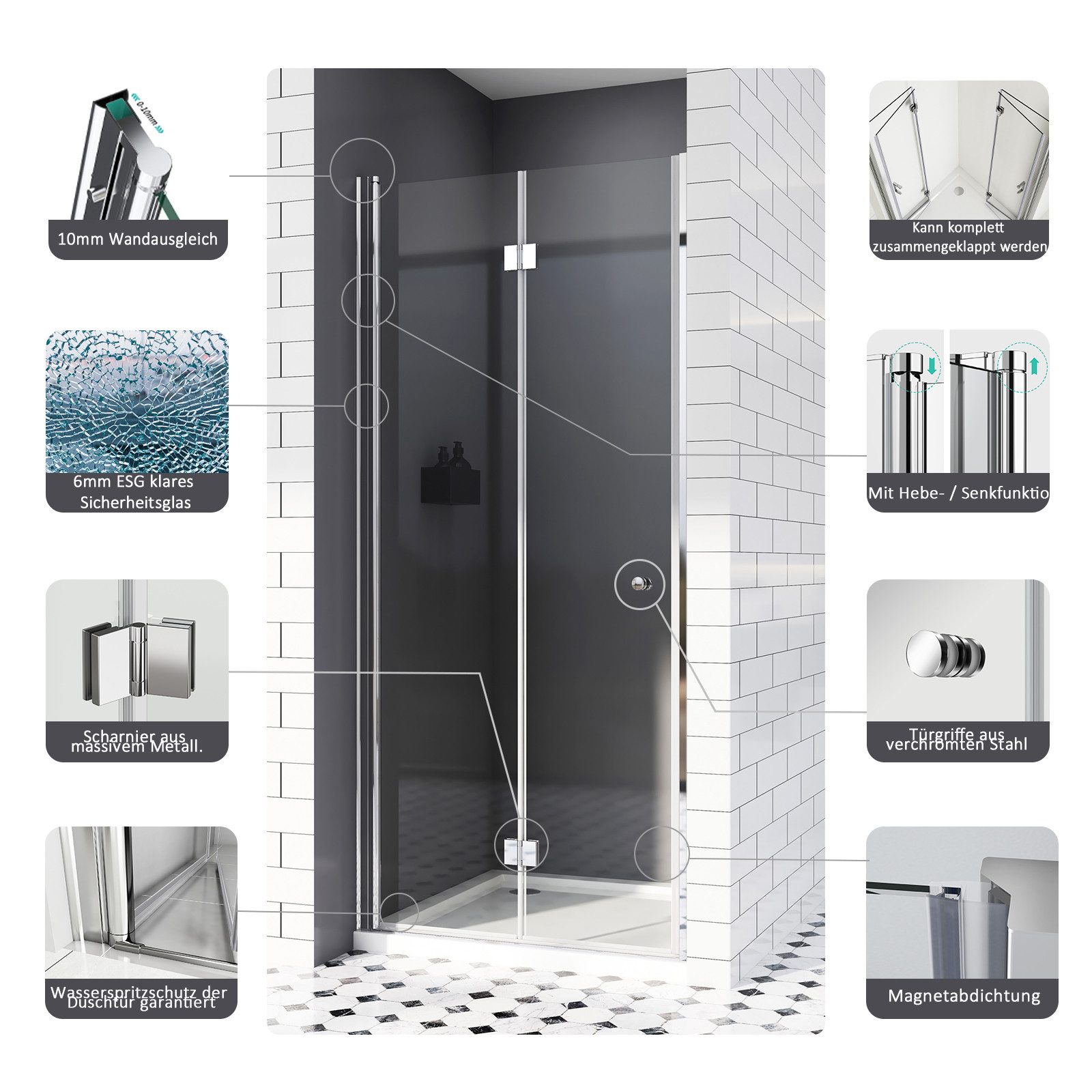 Hopibath Dusch-Drehtür Nischentür Dusche Drehtür B:120/100/90/80/75cm H:185cm, 80x185 cm, 5mm Sicherheitsglas, (180º Falt-Drehfalttür, mit Alu-Bodenleiste & Magnetdichtleisten) Rechts-und Links montierbar
