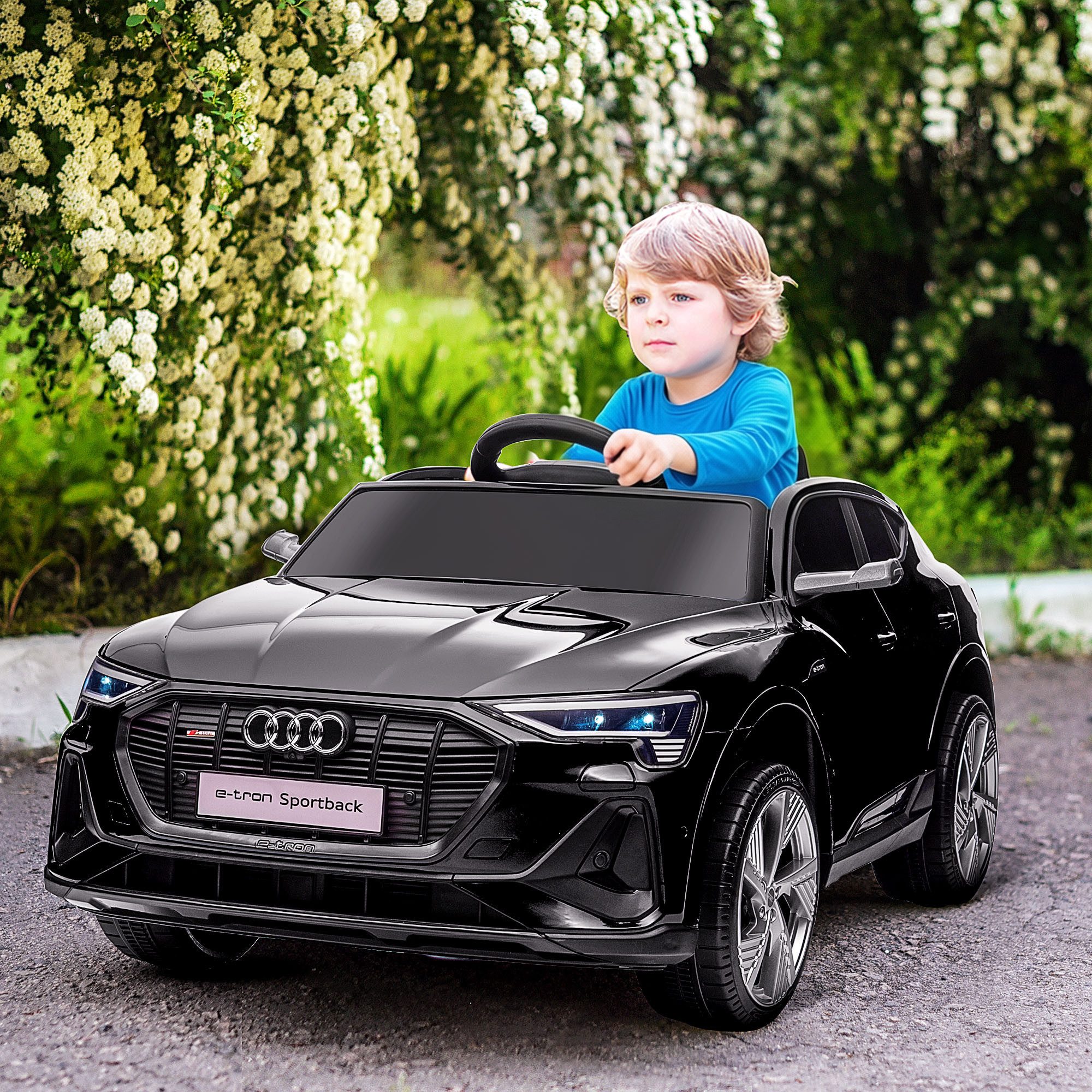 HOMCOM Elektro-Kinderauto 12V Audi E-tron mit Fernbedienung, Musikfunktion, Belastbarkeit 25 kg, (1-tlg), für Außenbereich, Schwarz