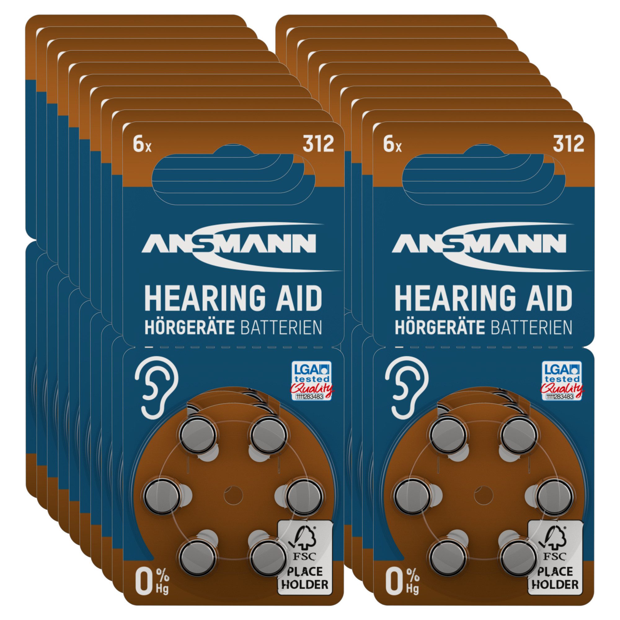 ANSMANN AG Hörgerätebatterien Typ 312 braun Zink Luft 1,4V, 60 Stück Knopfzelle