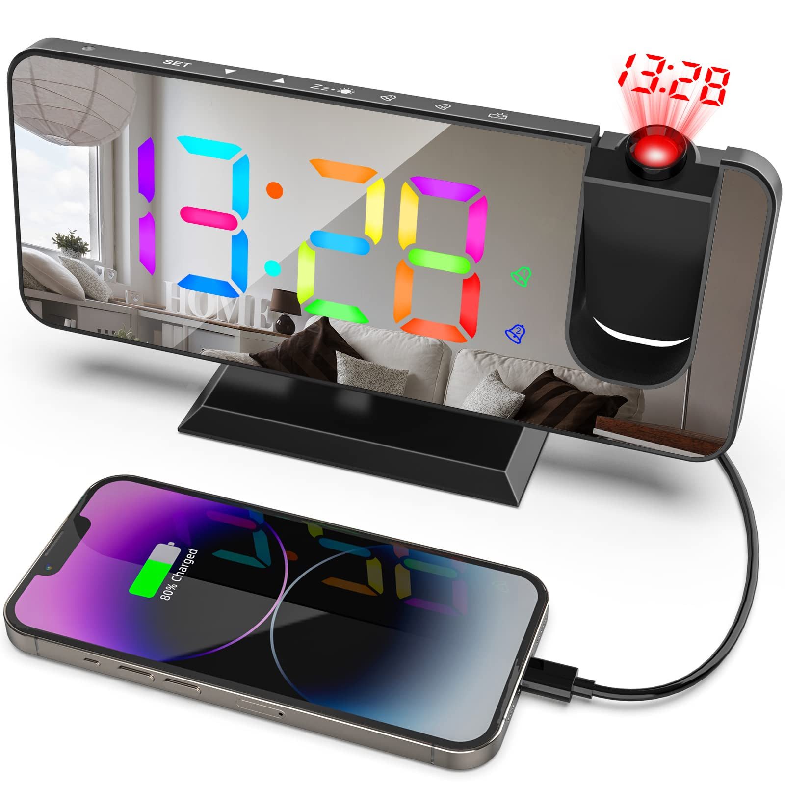 BlingBin Projektionswecker Digitale Projektionsuhr RGB Gradienten Projektionsuhr Spiegelwecker 180° Drehung Nachttischuhr mit LED-Anzeige, Snooze Dual-Alarm USB