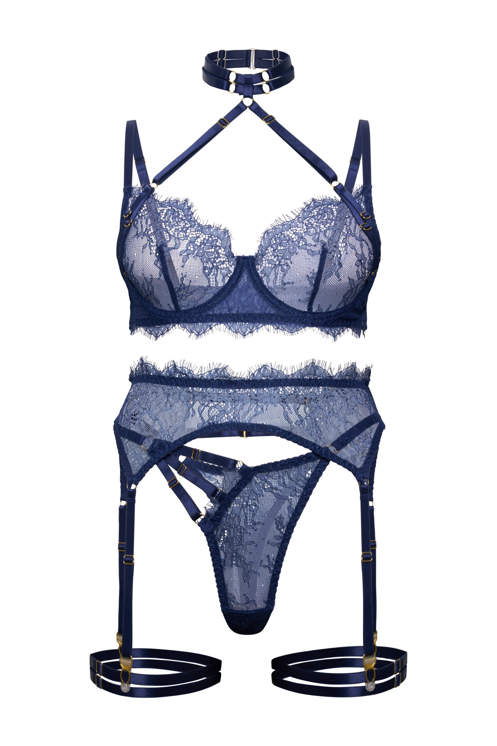 Elegant Love Set: Bügel-BH Damenunterwäsche Reizwäsche – Lingerie für besondere Anlässe (Set, 4-tlg., BH, Strapsgürtel, Tanga, Beinbänder) Dessous-Set aus feinem Spitzen-Mesh mit dekorativen Strapsdetails