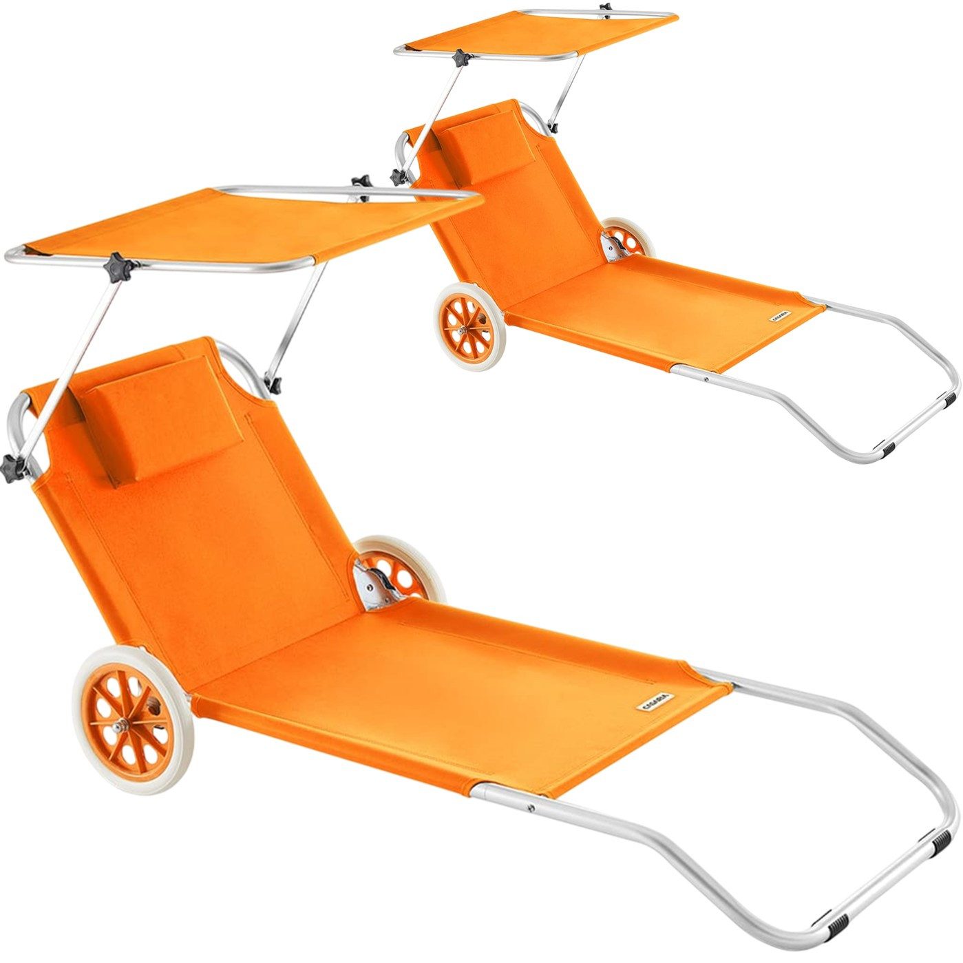 Casaria Gartenliege, 2er Set Klappbar Räder & Sonnendach Verstellbar Garten Strandliege