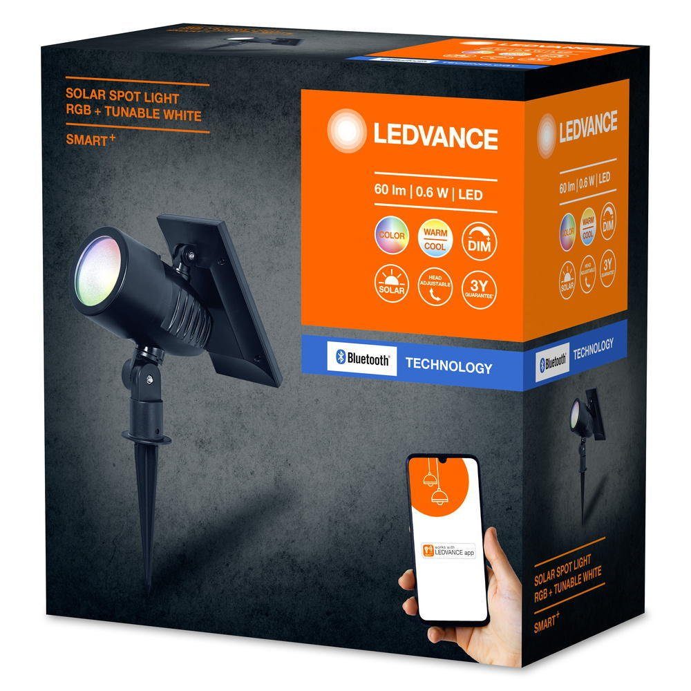 Ledvance LED Ja, verbaut, Bluetooth SMART+ Angabe, Solar Solarleuchte 0,6W Solarleuchten 60lm, Spot fest LED warmweiss, Schwarz Leuchtmittel LED, Erdspießstrahler in enthalten: keine