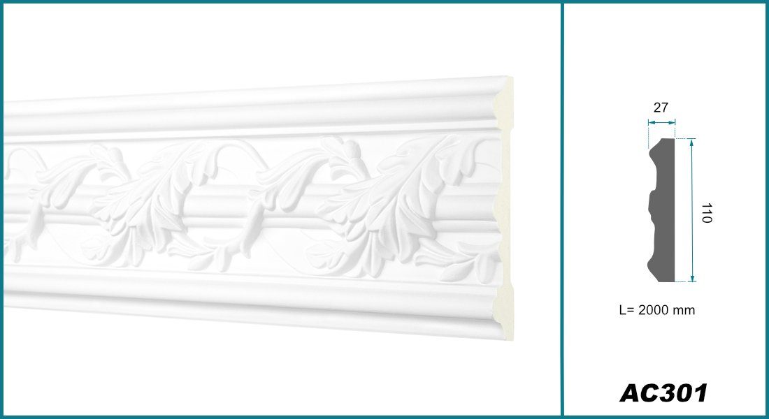 Hexim Perfect Stuckleiste AC 301, Flachprofile aus PU Serie 2 - Stuckprofil gemustert, weißes Zierprofil, hart & stoßfest - Wandleiste vorgrundiert