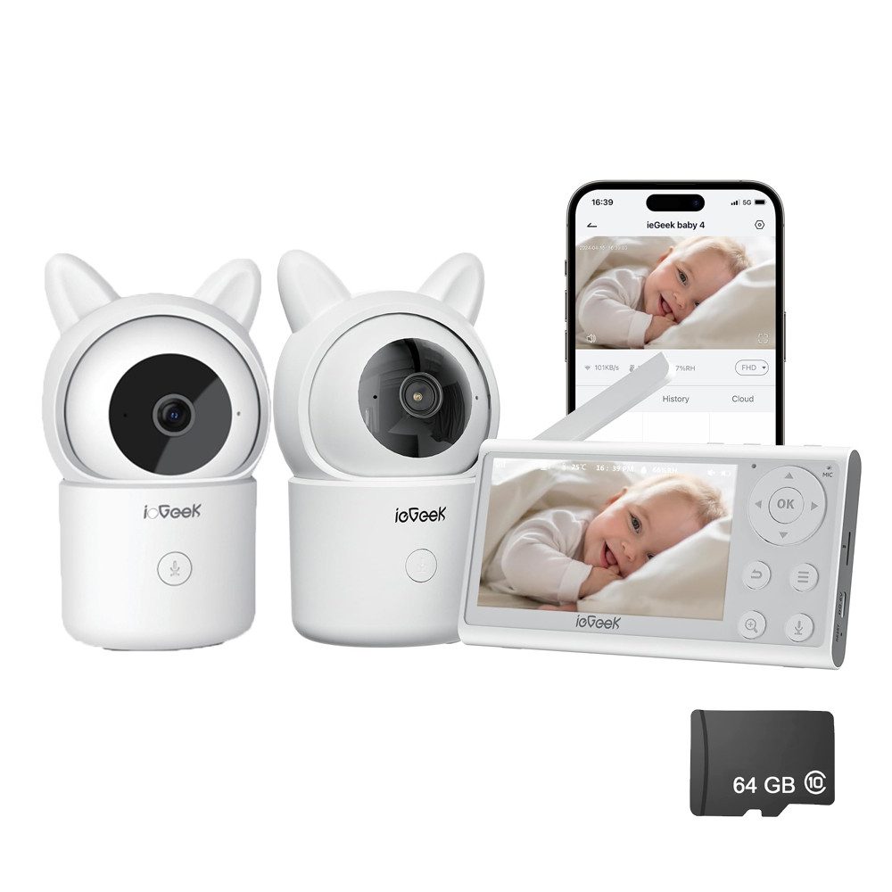 Video-Babyphone Babyphone mit 2 Kameras App 1080P/4,3 Zoll WLAN Video Babyfon PTZ 355°
