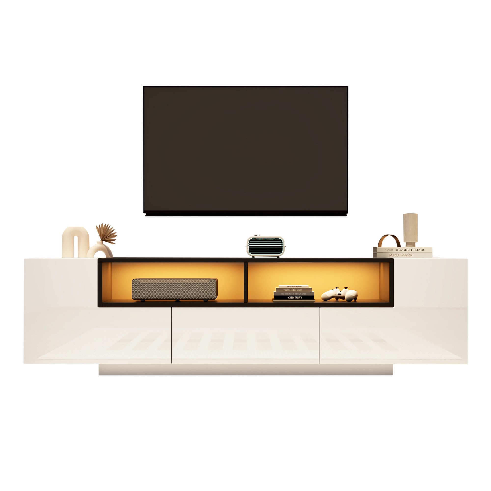 OKWISH Lowboard für 75-Zoll-Fernseher (Wohnzimmermöbel, Fernsehschrank, 1 St., L-Form Türen und Schubladen), TV-Schrank in Hochglanzweiß mit LED-Licht