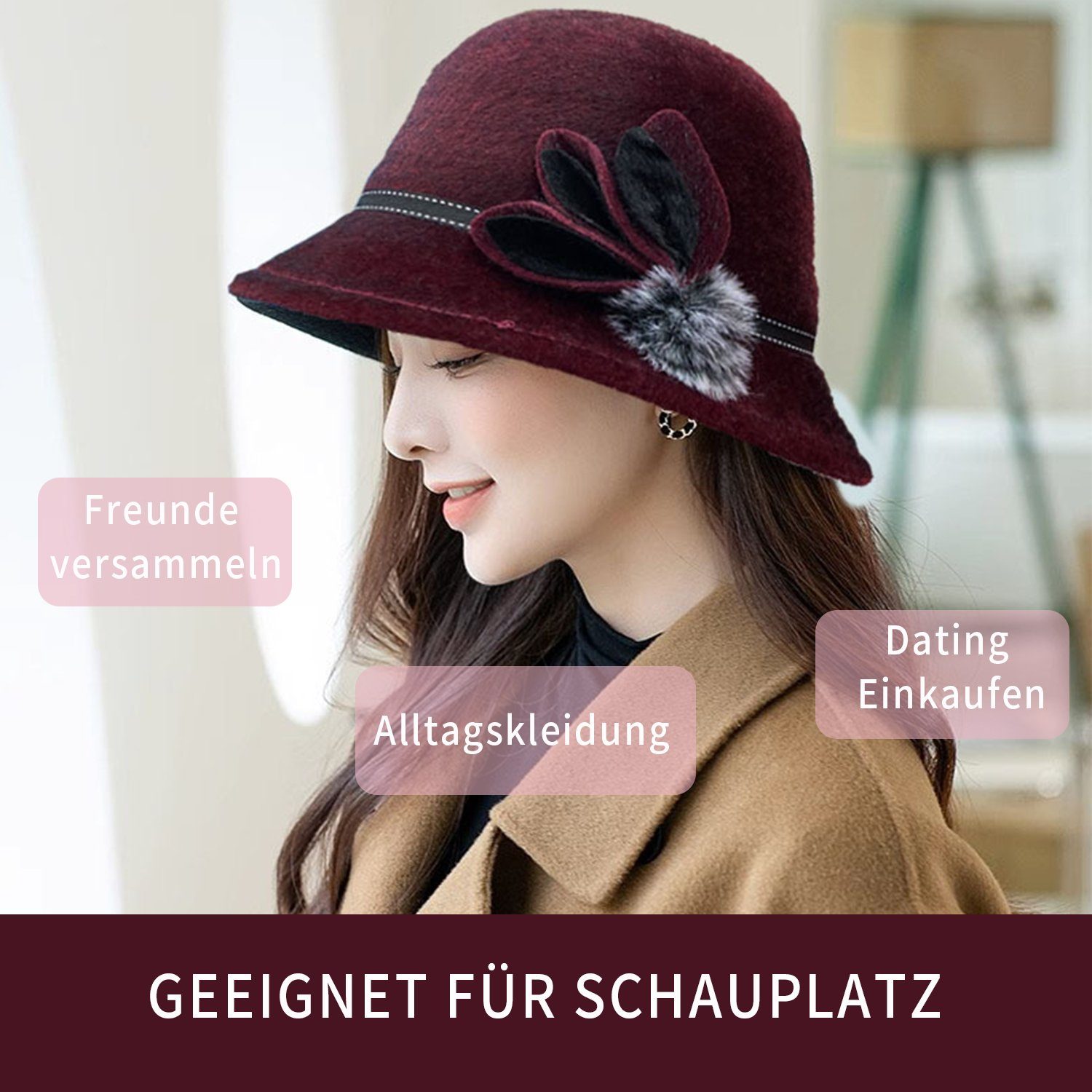 Fedora Damen Vintage Hut Filzhut MAGICSHE Fischerhüte elegante Wollfilz schwarz