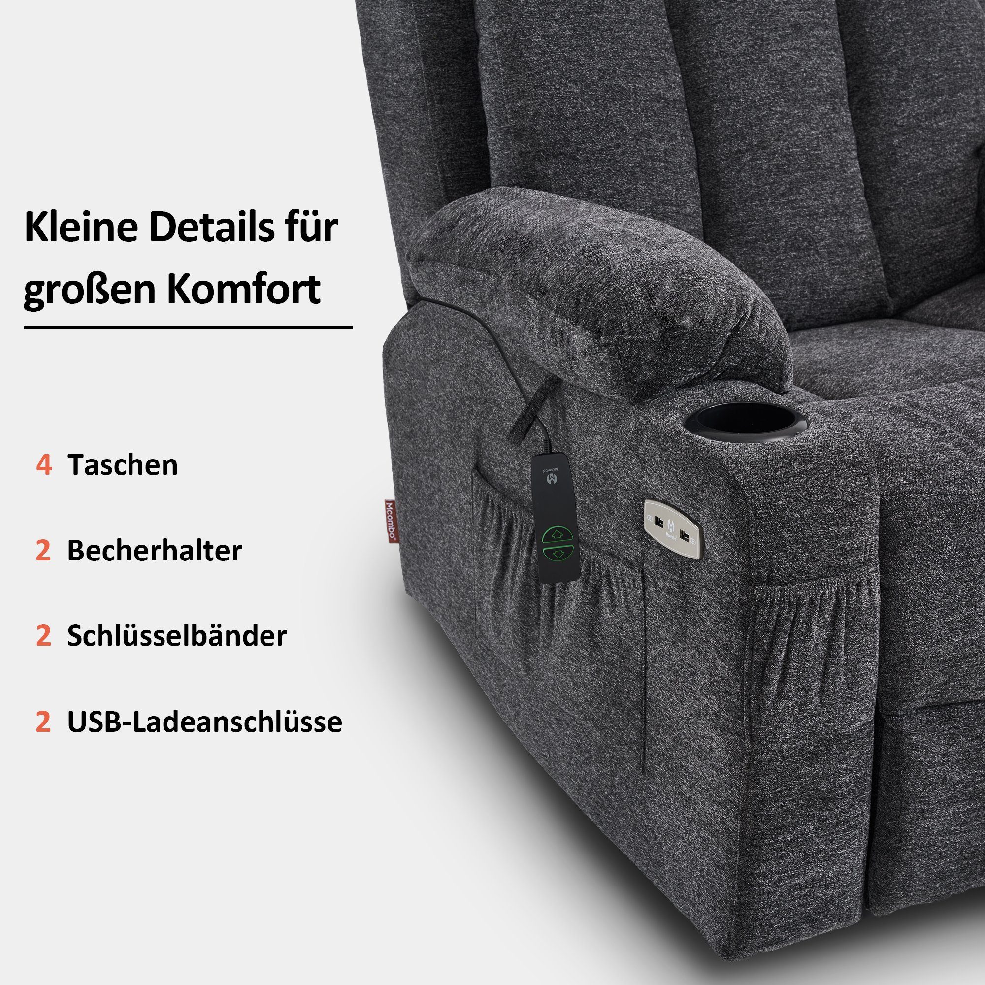 MCombo Relaxsessel MCombo elektrische Aufstehhilfe Fernsehsessel Relaxsessel 7190, motorisch verstellbar, Leder, Schwarz, 100 x 86 x 112 cm – Bild 5 von 5
