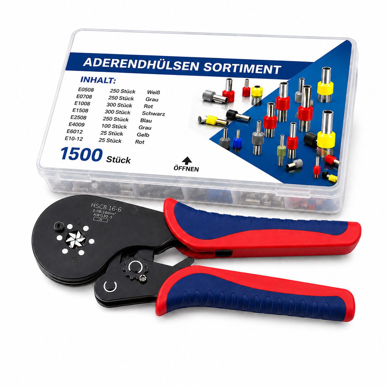 Bituxx Crimpzange Set mit Aderendhülsen 0,08-16mm² 1500 tlg., Set 1500-tlg., MS-19220