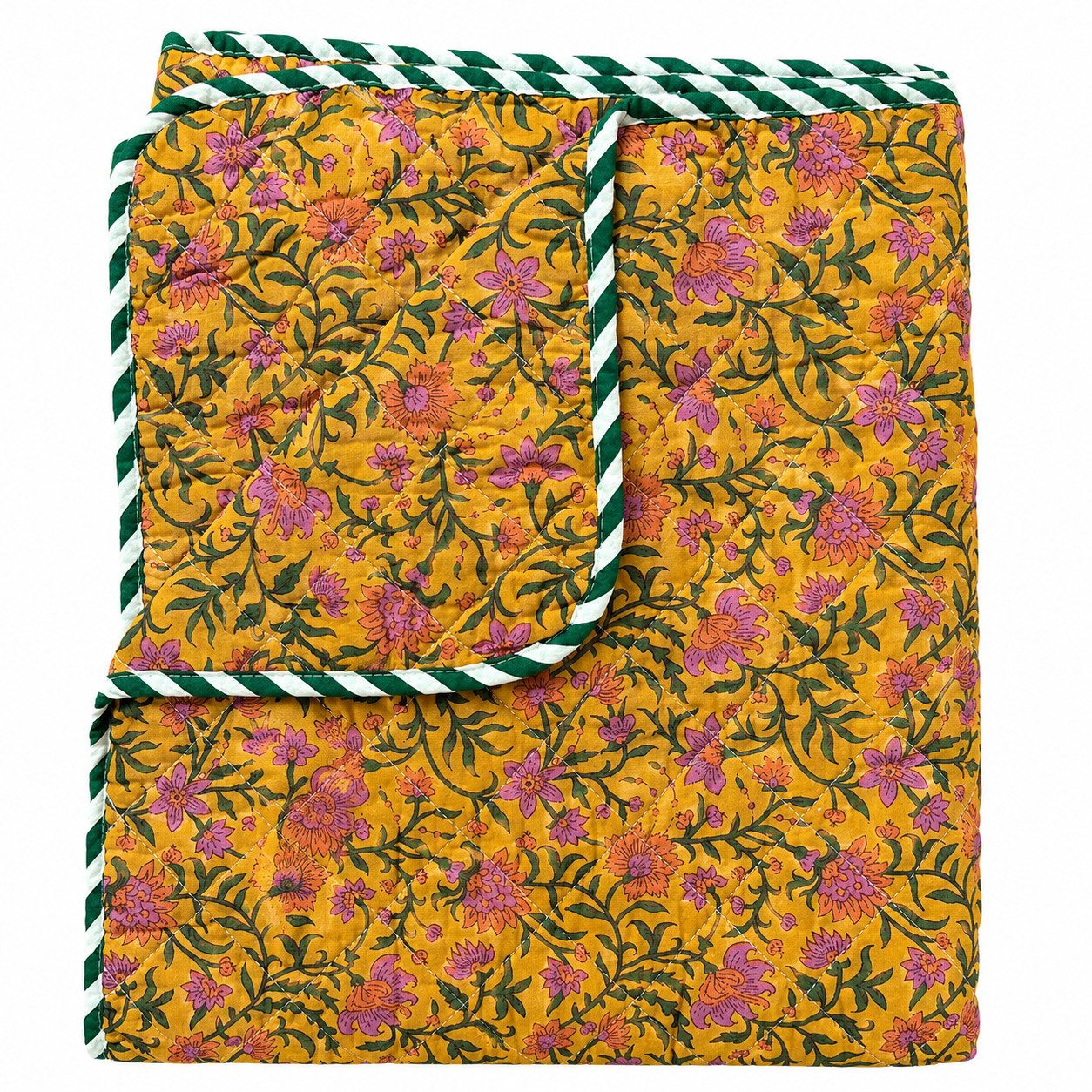 Wohndecke floral-yellow, AU Maison, Quilt-Optik aus Baumwolle 140 × 180 cm