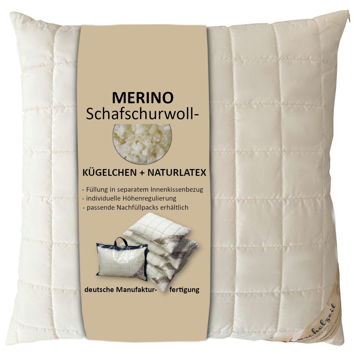 Meivita Naturfaserkopfkissen Merino Schafschurwolle Kopfkissen, Füllung: 70% Latex (Naturlatexflocken) und 30% Wolle (Schurwollkügelchen), Bezug: 100% Baumwolle untersteppt mit 100% Wolle (Merino Schafschurwollvlies), Seitenschläfer, Rückenschläfer, Bauchschläfer, Kissen Hergestellt in Deutschland