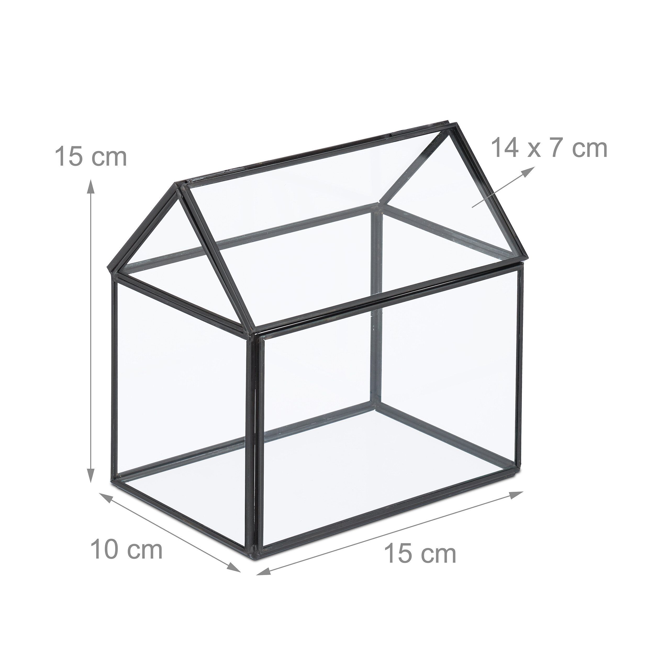 relaxdays Gewächshaus Pflanzenterrarium aus Glas Hausform, BxTxH: 15 x 10 x 15 cm, BxLxH: 15 x 10 x 15 cm, 0.25 mm Wandstärke, 1-St., schwarz – Bild 4 von 5
