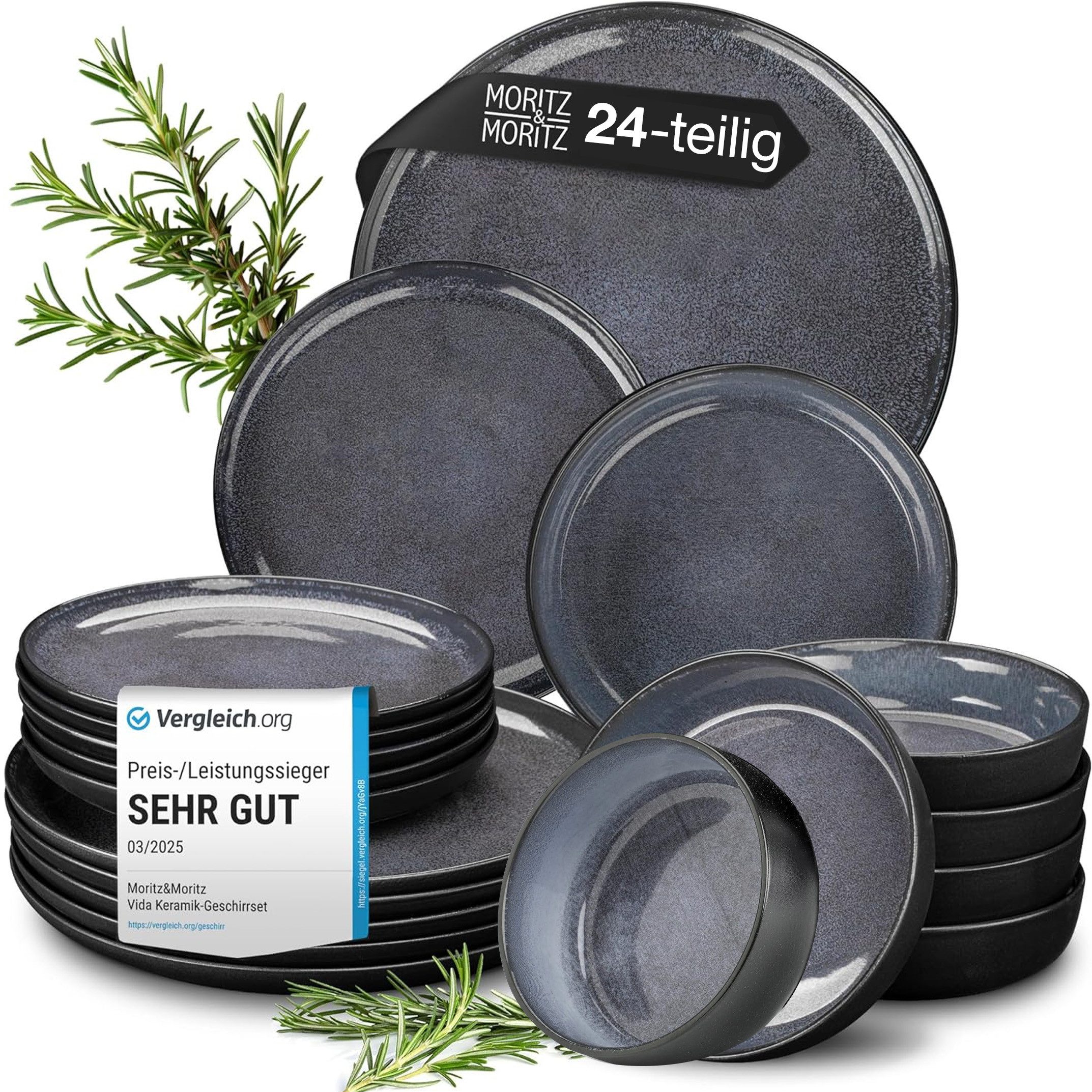 Moritz & Moritz Tafelservice VIDA Geschirrset mit Müslibowls Blau (24-tlg), 6 Personen, Porzellan, Kombigeschirr für 6 Personen