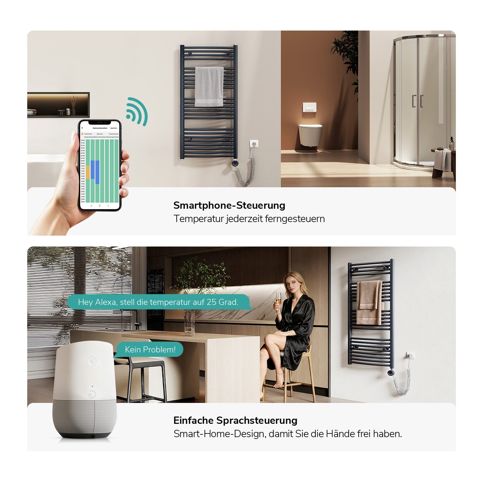EMKE Elektrischer Badheizkörper mit Wifi APP Steuerung Thermostat, 4 Heizmodi, 7-Tage-Timer, Boost & Frostschutz Gebogener Handtuchwärmer – Bild 5 von 5