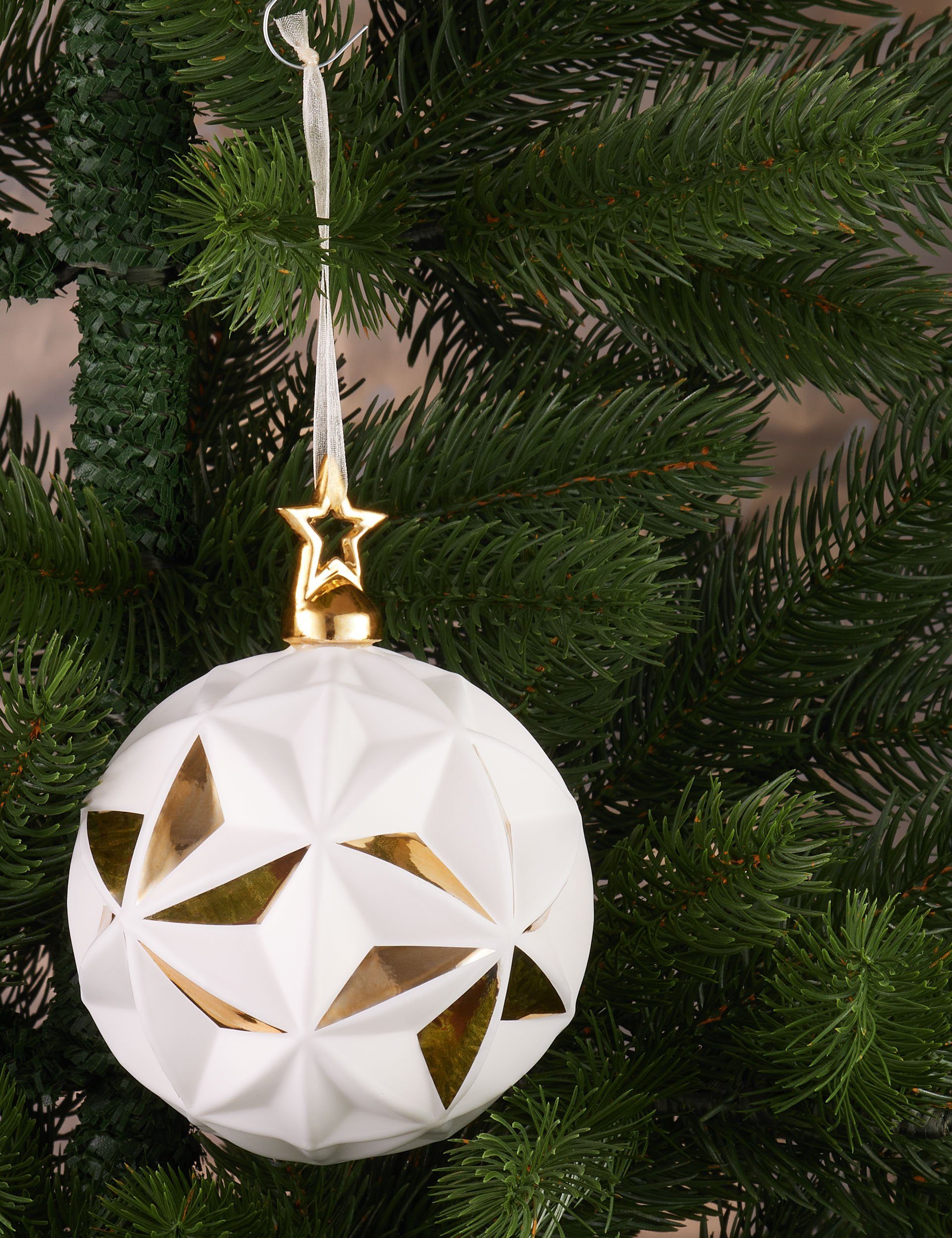 BRUBAKER Weihnachtsbaumkugel Premium Weihnachtskugel Stern Weiß Gold mit 3D Oberfläche (1 St), 10 cm Weihnachtsbaumkugel - Weihnachtsdekoration