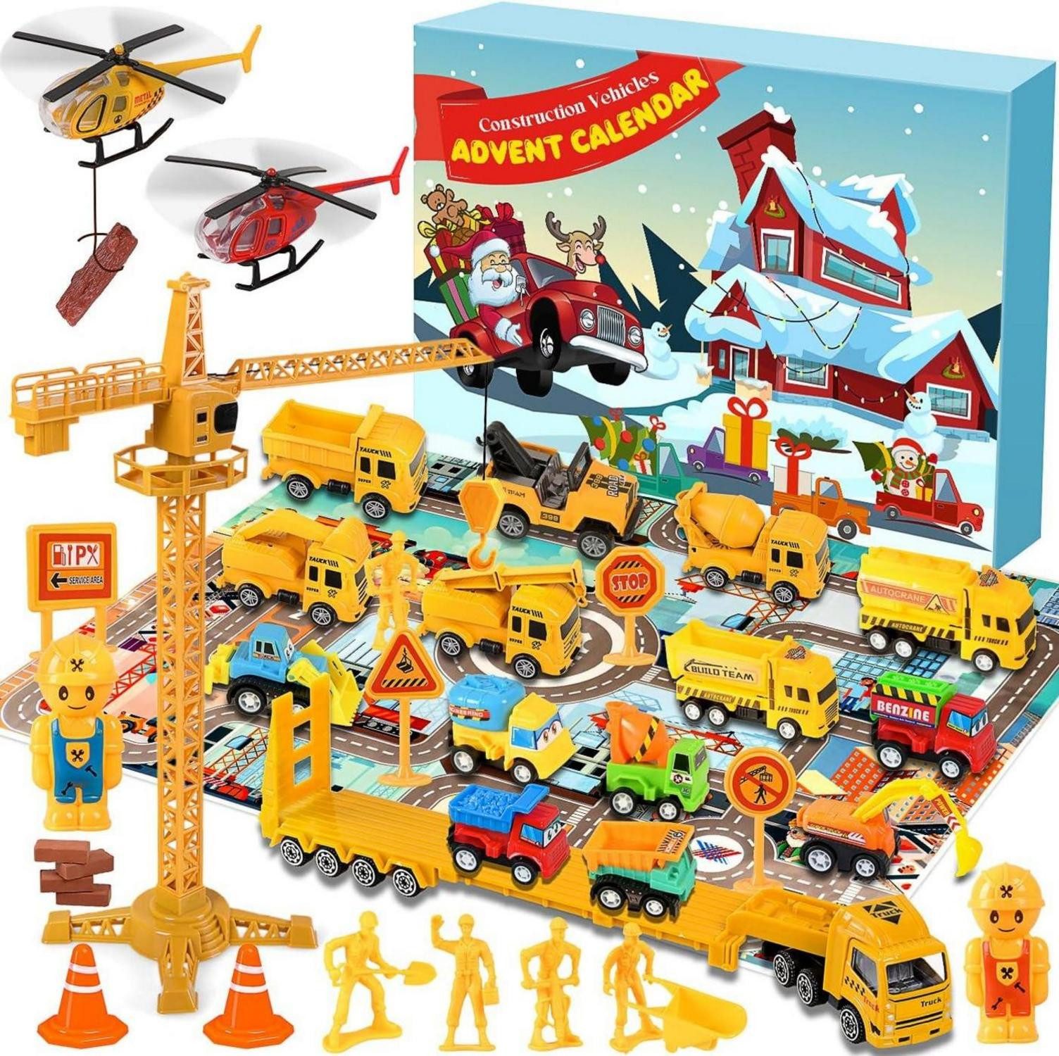 Spielzeug-Adventskalender Adventskalender 2024 Kinder Auto Spielzeug 24 Fahrzeuge Baufahrzeug