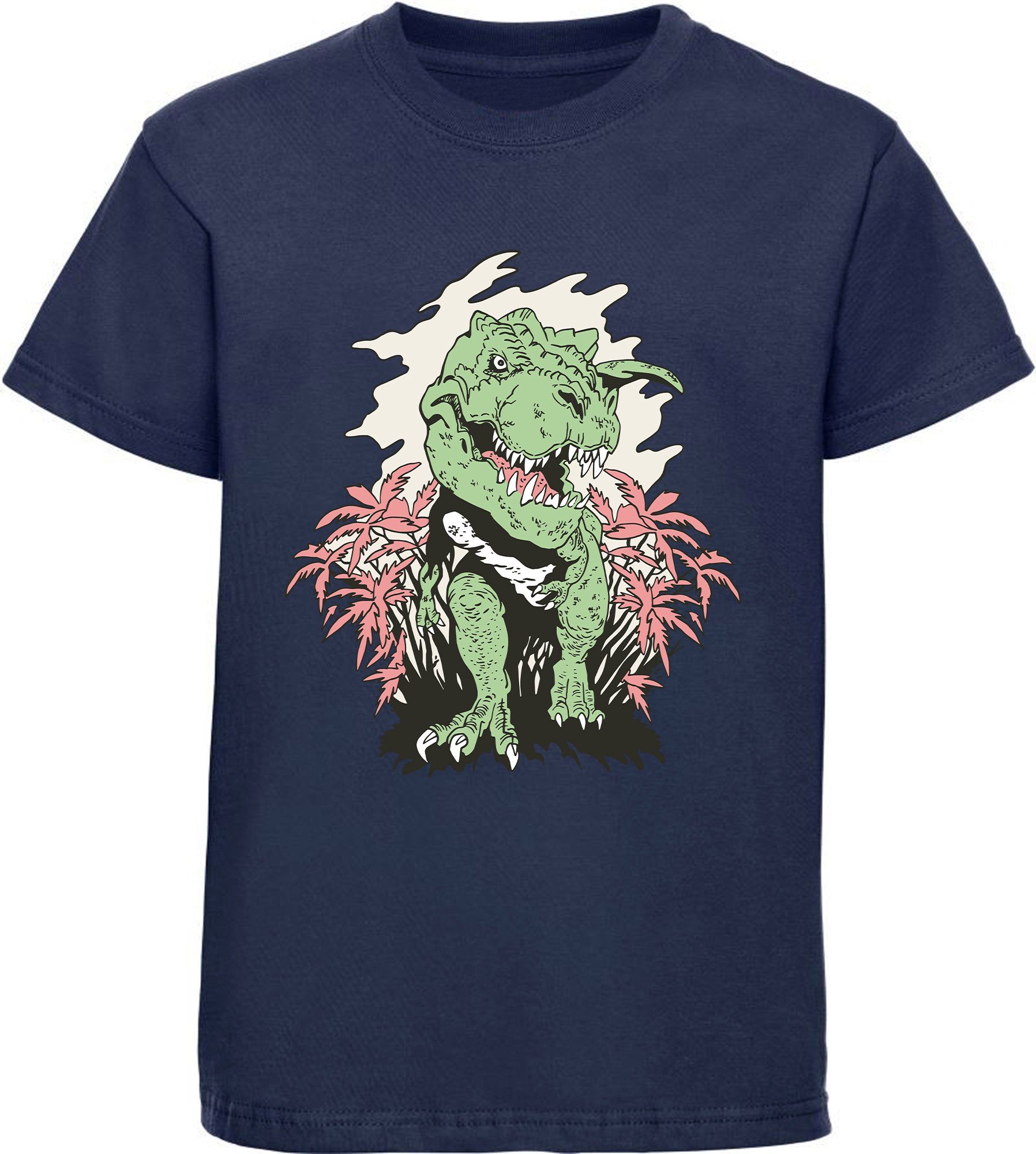 MyDesign24 Print-Shirt bedrucktes Kinder T-Shirt T-Rex der aus einem Busch kommt 100% Baumwolle mit Dino Aufdruck, schwarz, weiß, rot, blau, i101 navy blau