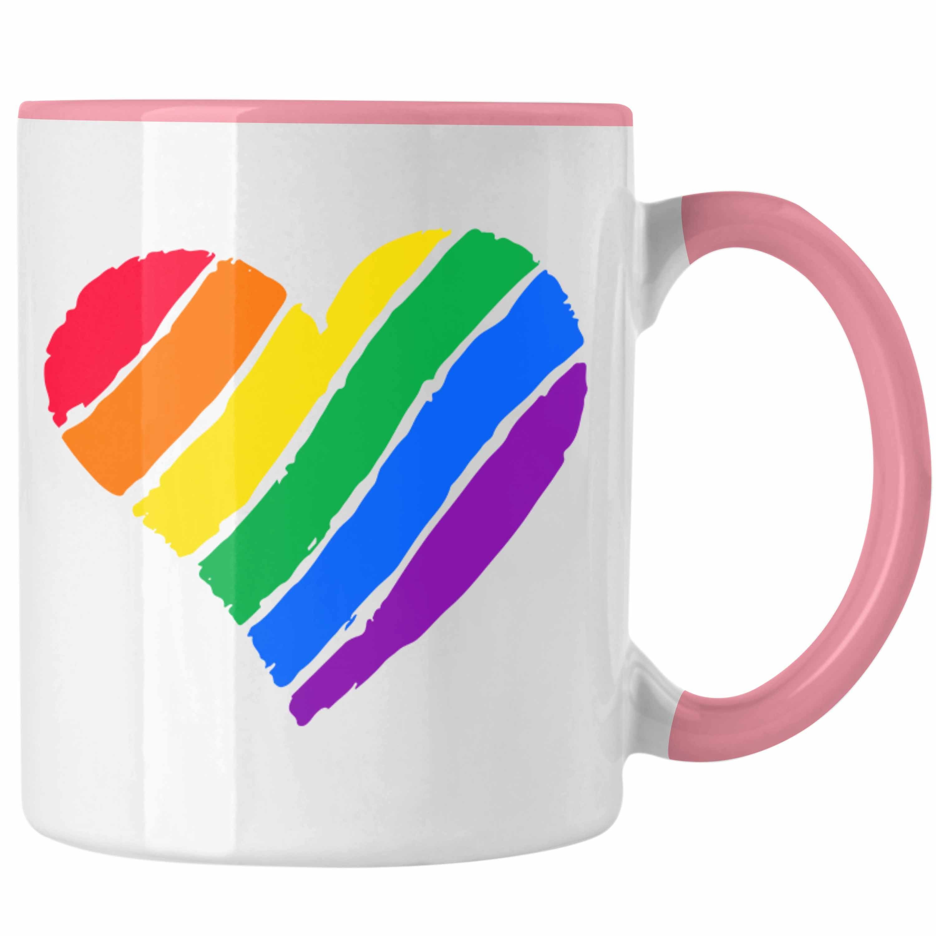 Trendation Tasse Trendation - Regenbogen Tasse Geschenk LGBT Schwule Lesben Transgender Grafik Pride Herz Rosa