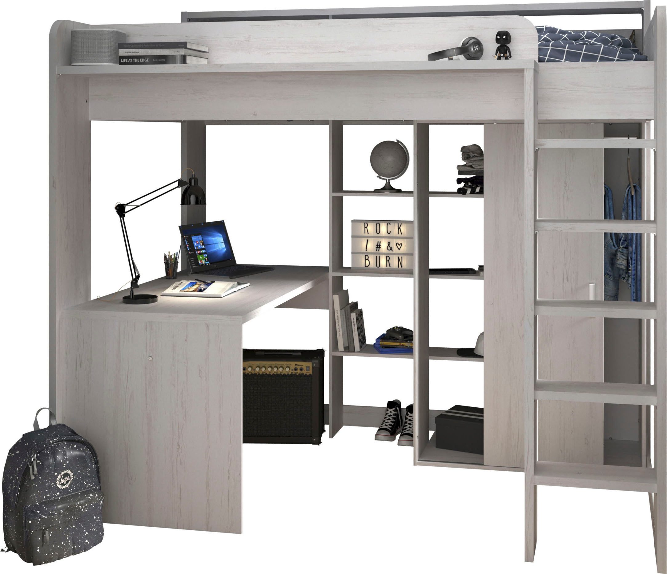 Parisot Hochbett Higher, mit Schreibtisch, Schiebetürenschrank, Regale oben und unten (Liegefläche 90x200cm,Maße (B/H/T: 206/189/138 cm), Betthöhe ca. 140 cm) maximaler Stauraum, breite Trittstufen, toll für kleine Räume!