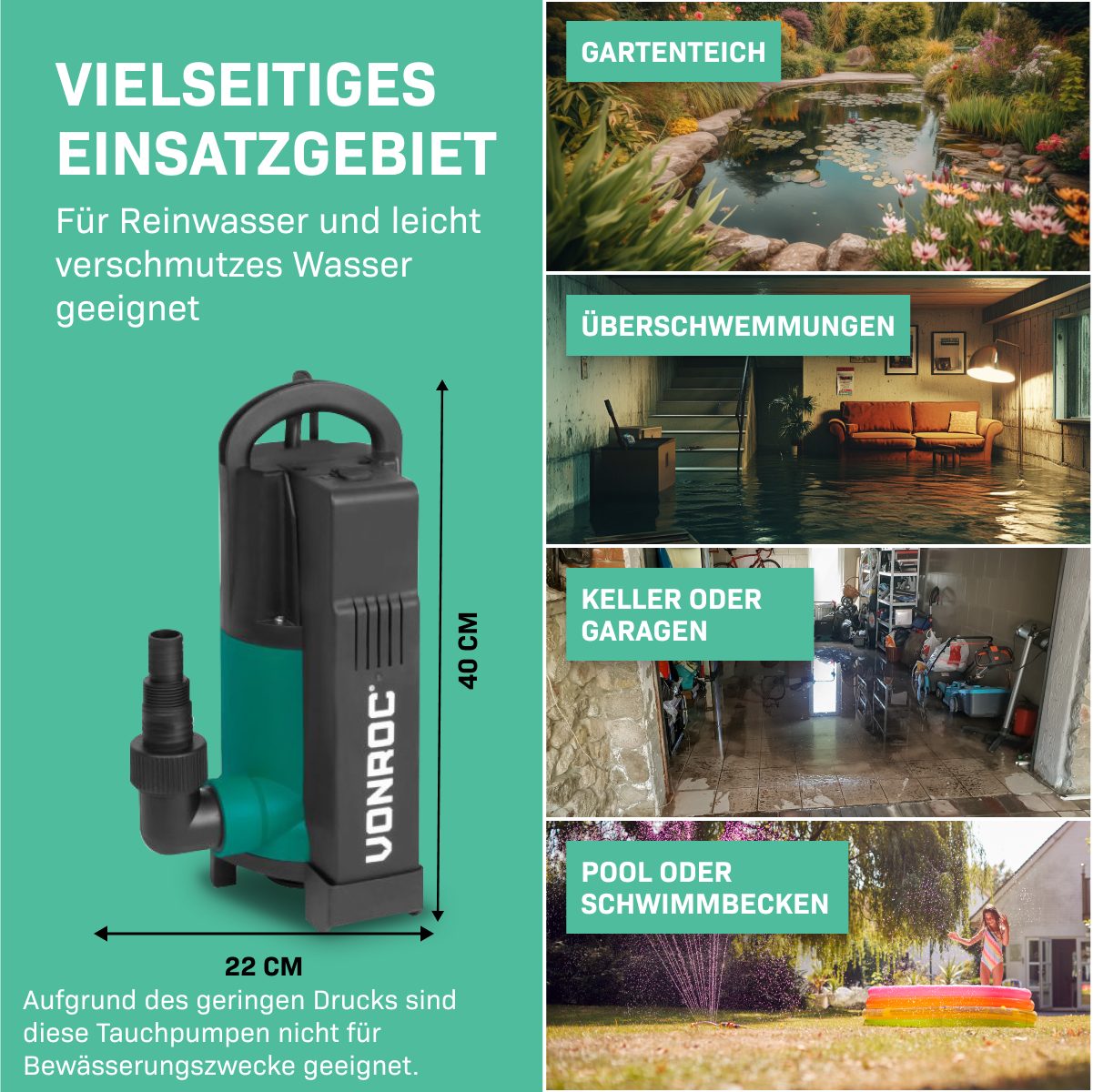 VONROC Schmutzwasser-Tauchpumpe mit integriertem Schwimmer (Set, für Keller, Pool, Gartenteich), Flachsaugend max Höhe 7,5m - 1400 l/h für sauberes/schmutziges  – Bild 4 von 5