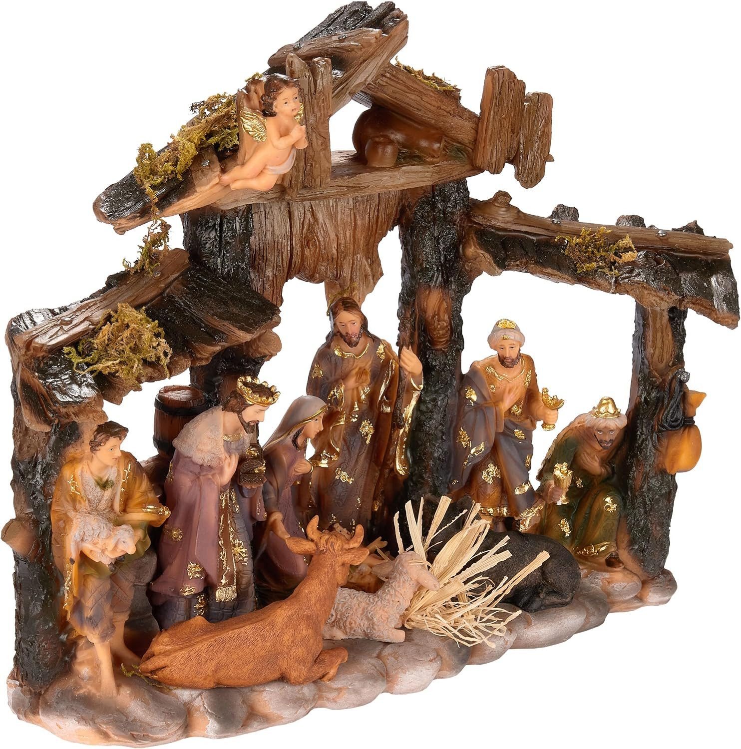 BRUBAKER Krippenfigur Weihnachtskrippe Tischkrippe Weihnachtsfigur mit handbemalten Figuren (Krippenfigur Weihnachtsdekoration aus Polyresin, 1 St), Jesus, Maria, Josef und Könige im Krippenstall mit Tieren - 34 cm