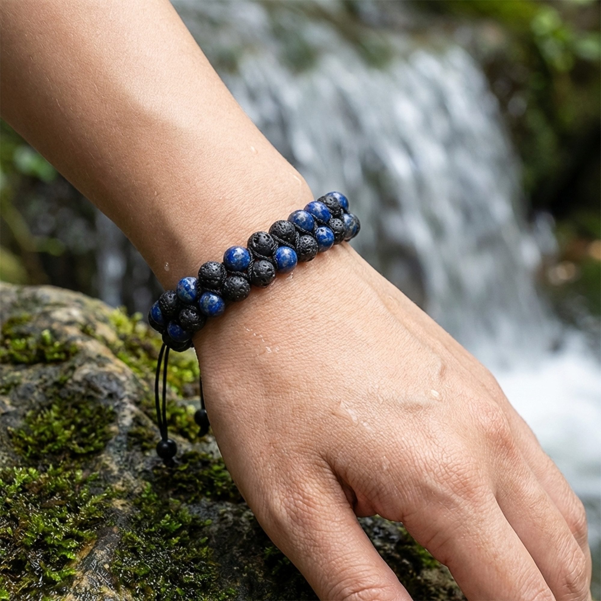 UNIQAL.de Perlenarmband aus Naturstein – zweireihig, 6 mm, Unisex (Edelstahl-Elemente, Naturstein-Perlen), verstellbarer Makramée-Verschluss, handgefertigt