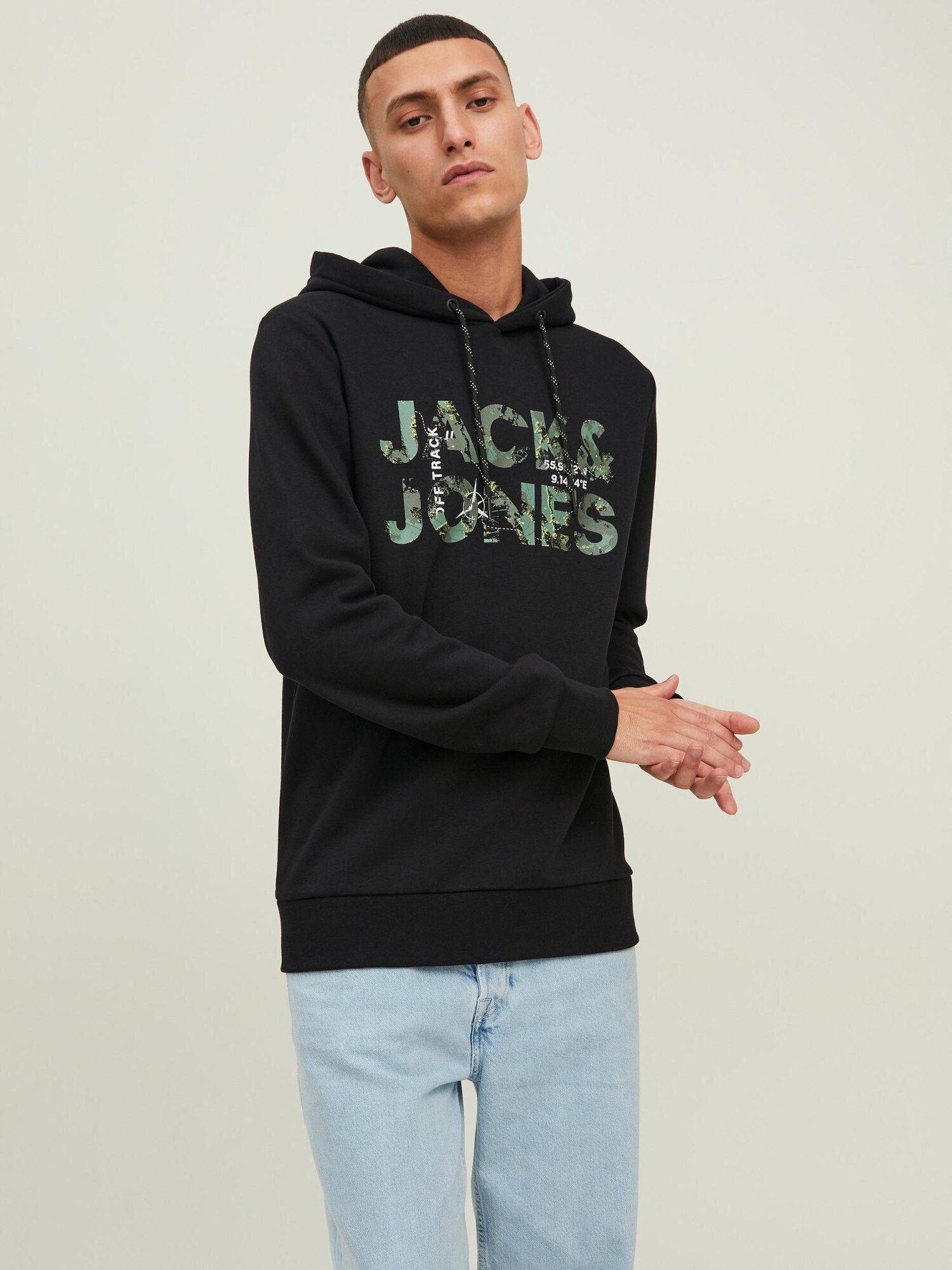 Jack mit Hoody Kapuzensweatshirt Tech Hoodie Logo & schwarz (1-tlg) Kapuze Jones