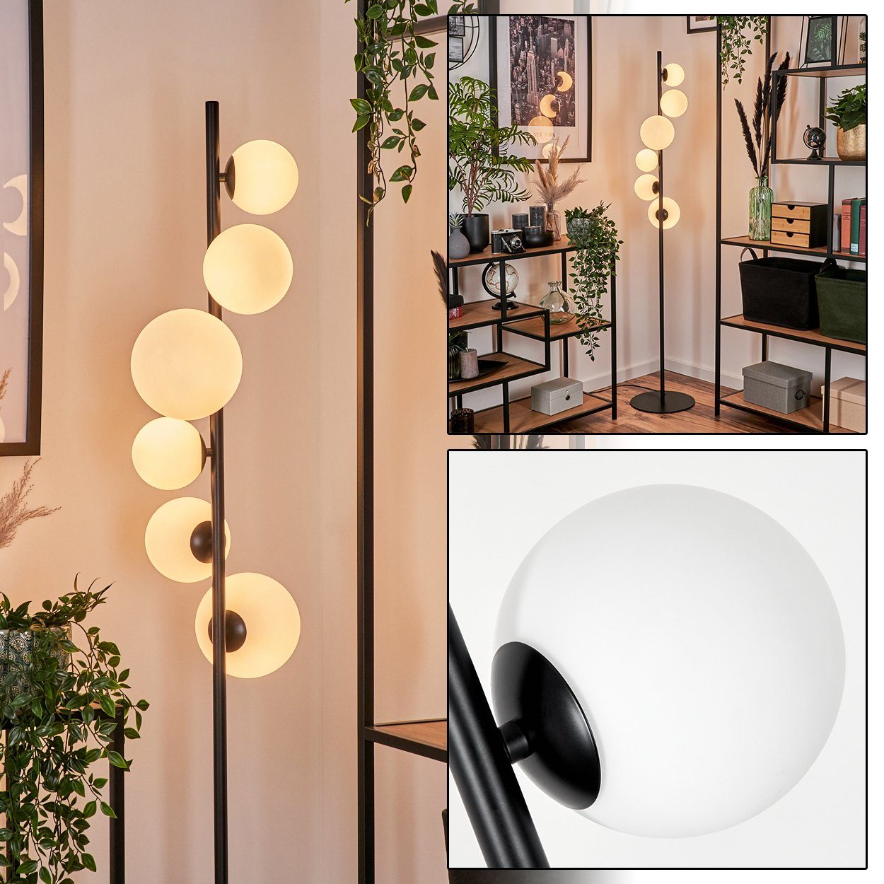 hofstein Stehlampe Stehlampe aus Metall/Glas in Schwarz/Weiß, ohne Leuchtmittel, Leuchte mit Glasschirmen(10,12,15cm),Schalter,6xG9, ohne Leuchtmittel
