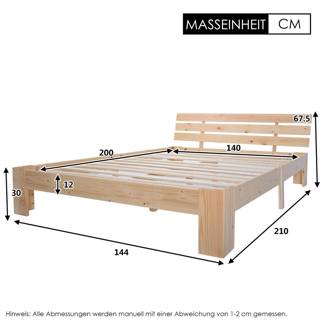 Ulife Massivholzbett 140 x 200 cm, Bettgestell mit Lattenrost, Doppelbett mit Kopfteil (Ohne Matratze), als Kieferbett verwendbar, Natur – Bild 3 von 5